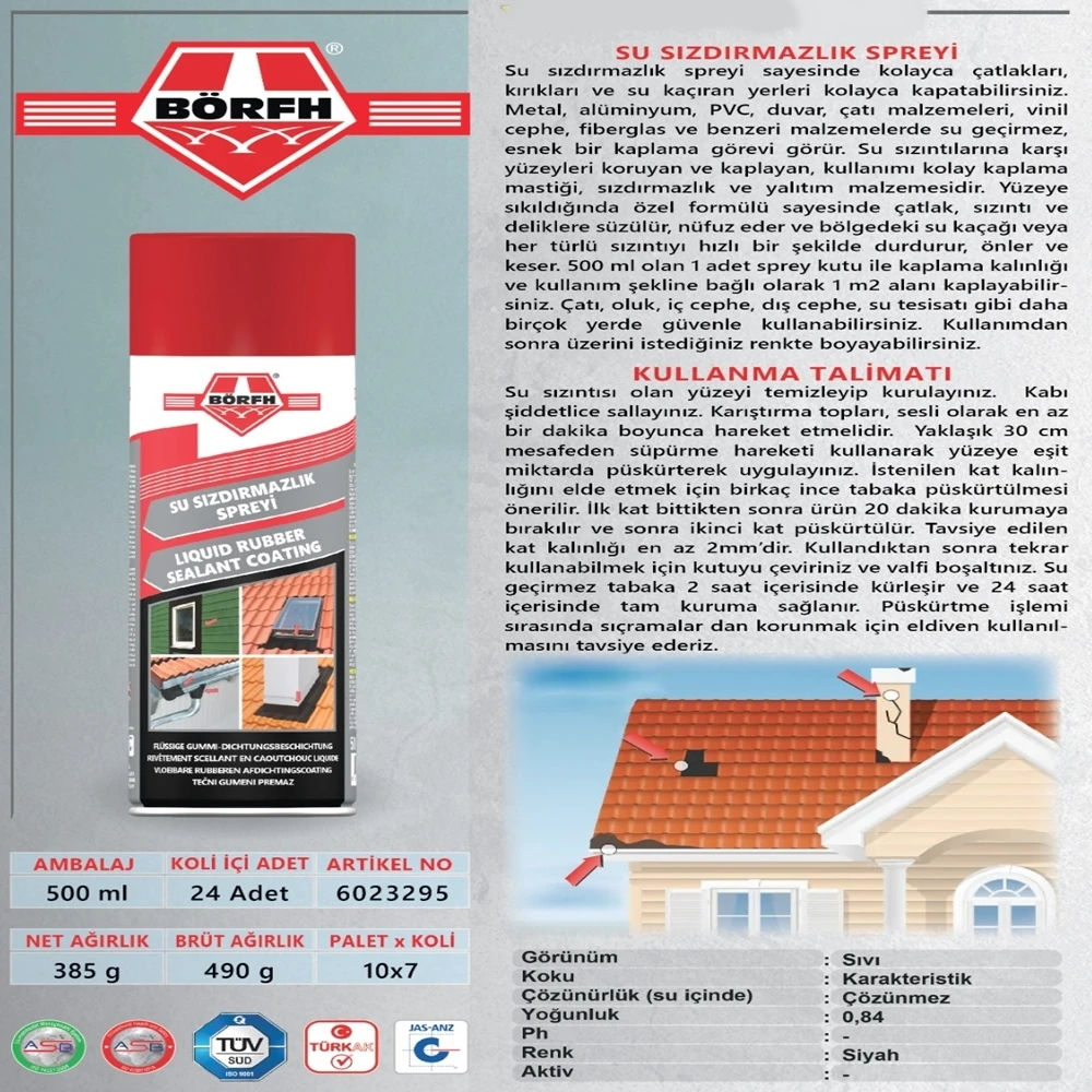 Su Geçirmez Sprey Börfh Su Sızdırmazlık Spreyi Siyah Izolasyon Spreyi 500 ml