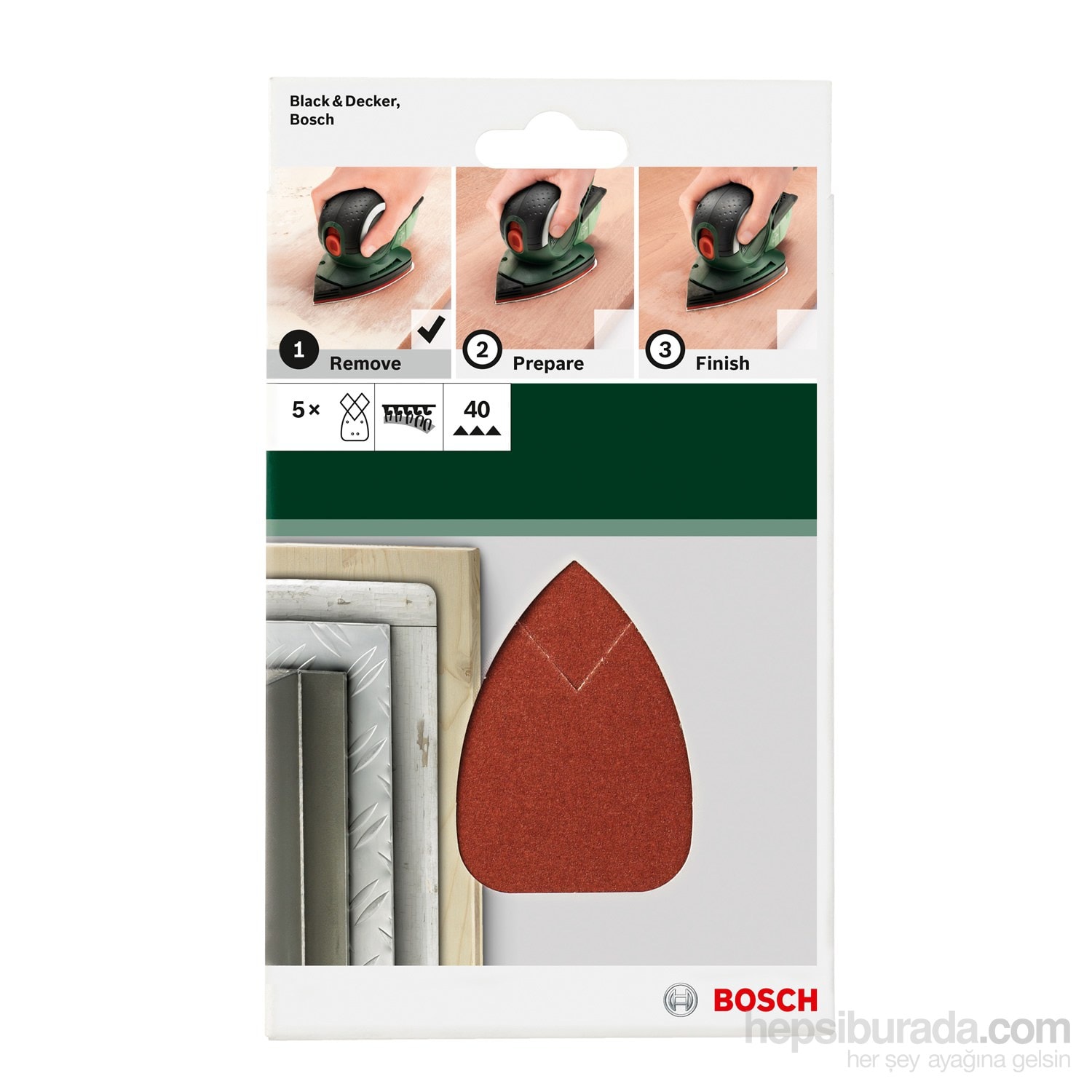 BOSCH - Multi Zımpara Kağıdı 5'Li, 95 X 135 Mm 40 Kum 4 Delik