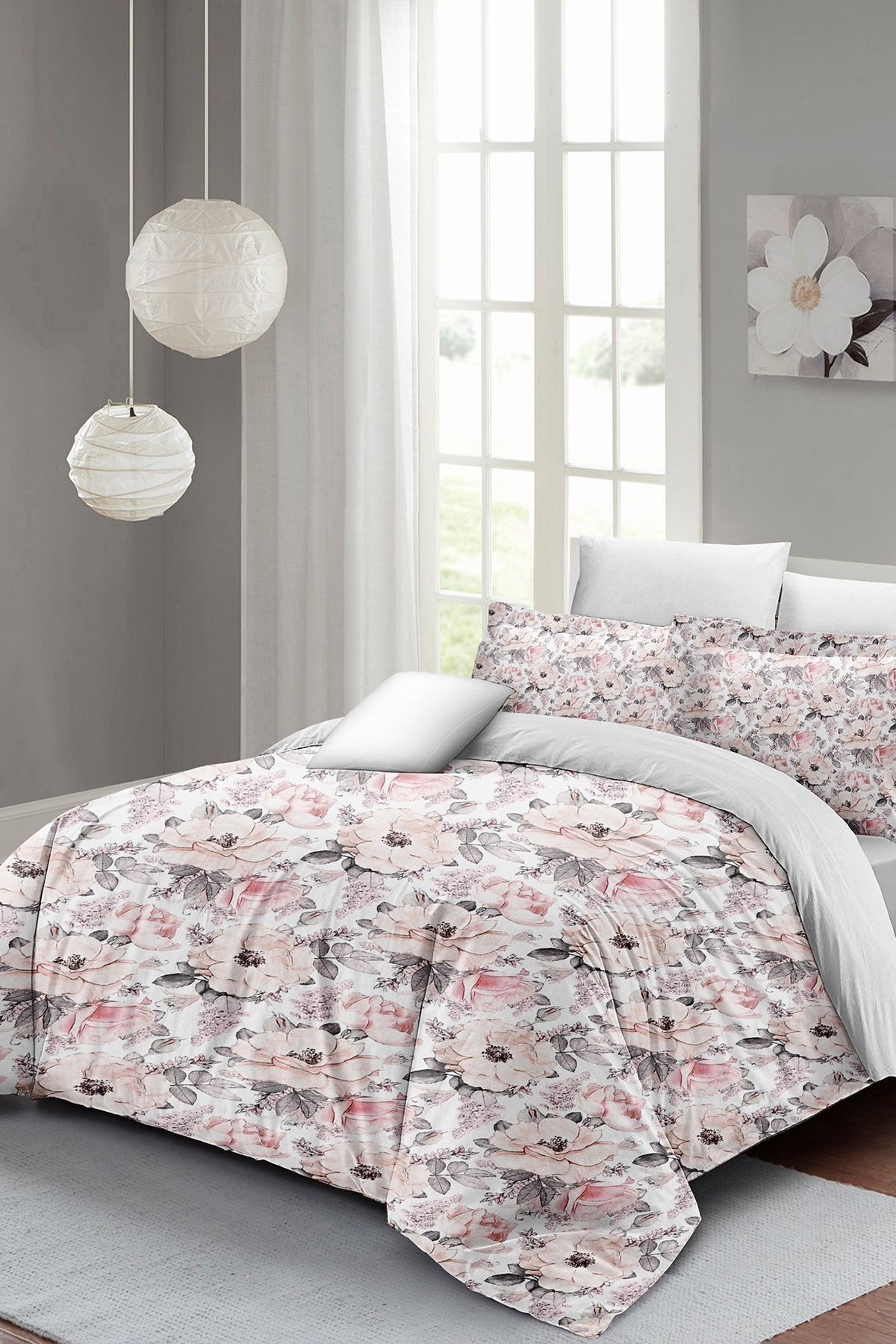 Lastikli Çarşaflı %100 Pamuk Saten Çift Kişilik Nevresim Takımı Dream Roses Luxury