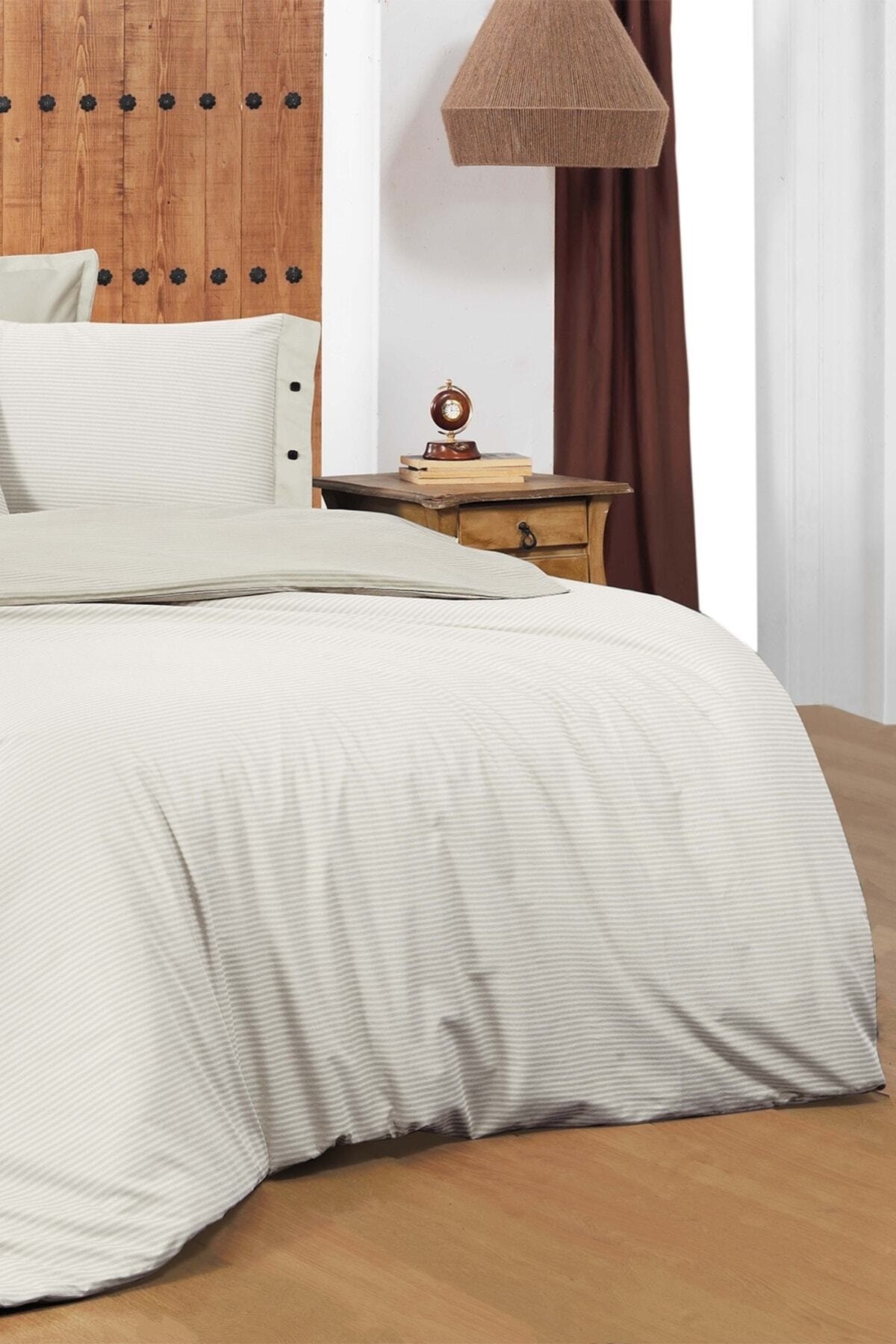 New Fancy Stripe Ekru Çift Kişilik %100 Pamuk Çizgili Nevresim Takımı