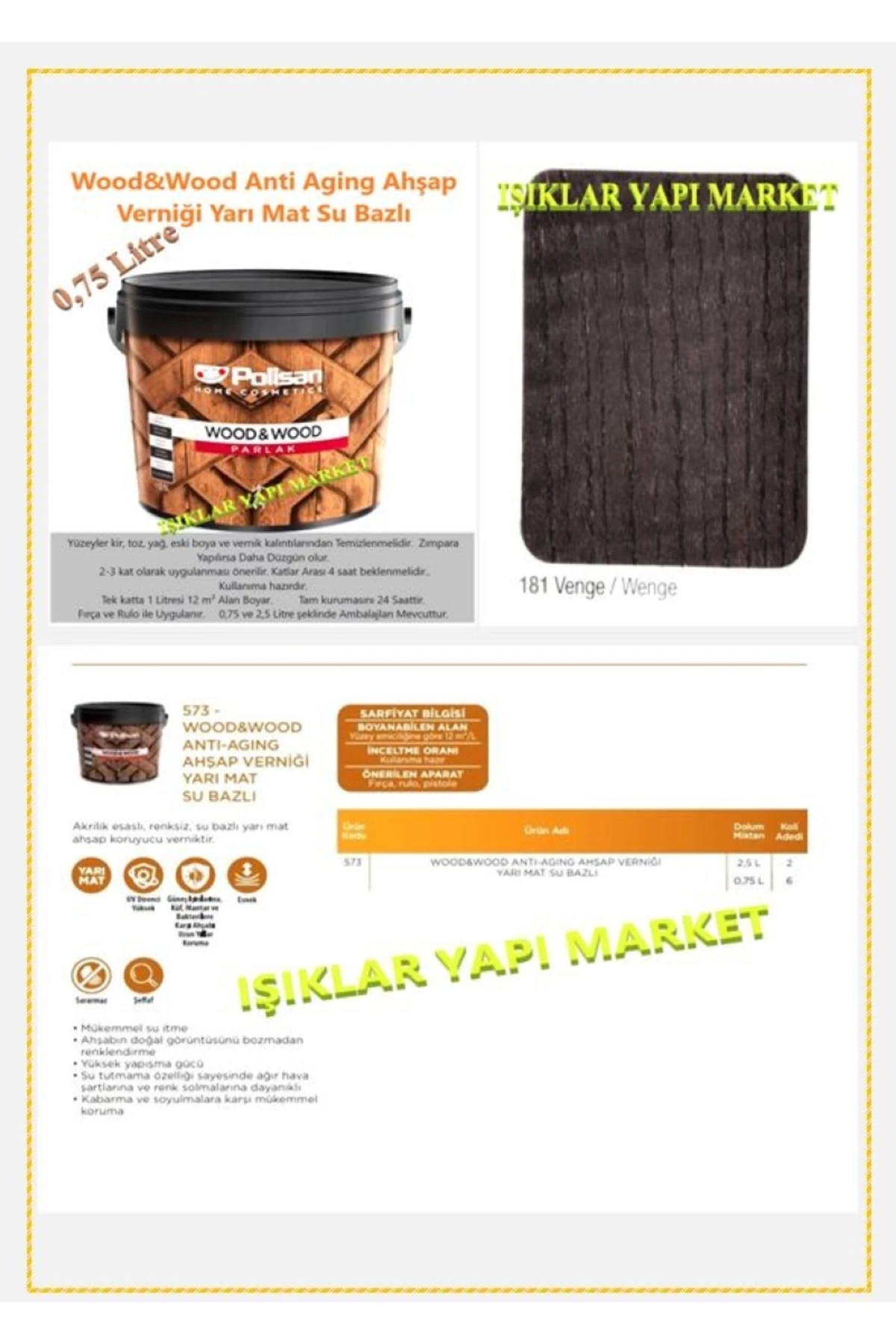Wood&w-antiaging-ahşap Verniği-yarı Mat-su Bazlı-0,75litre (0,850KG.)-181-venge