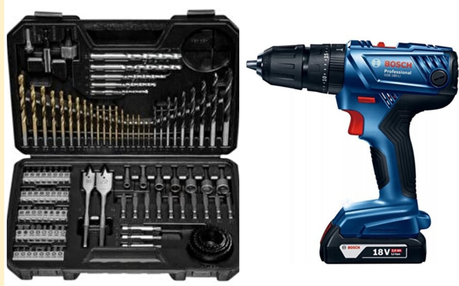 BOSCH Gsb 180-LI 18V 2AH Darbeli Tek Akülü Vidalama Şarjlı Matkap ve 103 Parça Karışık Aksesuar Seti