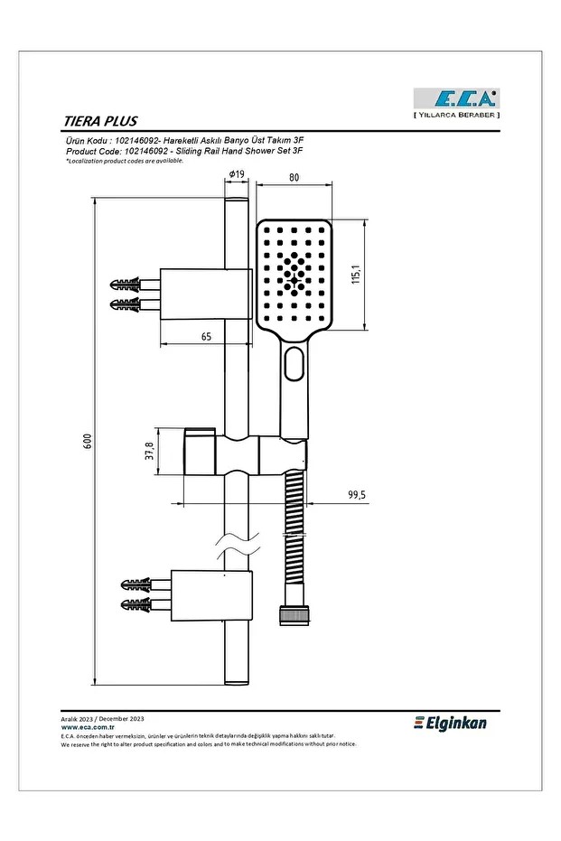 Tiera Plus Hareketli Sürgülü Duş Seti (3 Fonksiyonlu) 102146092