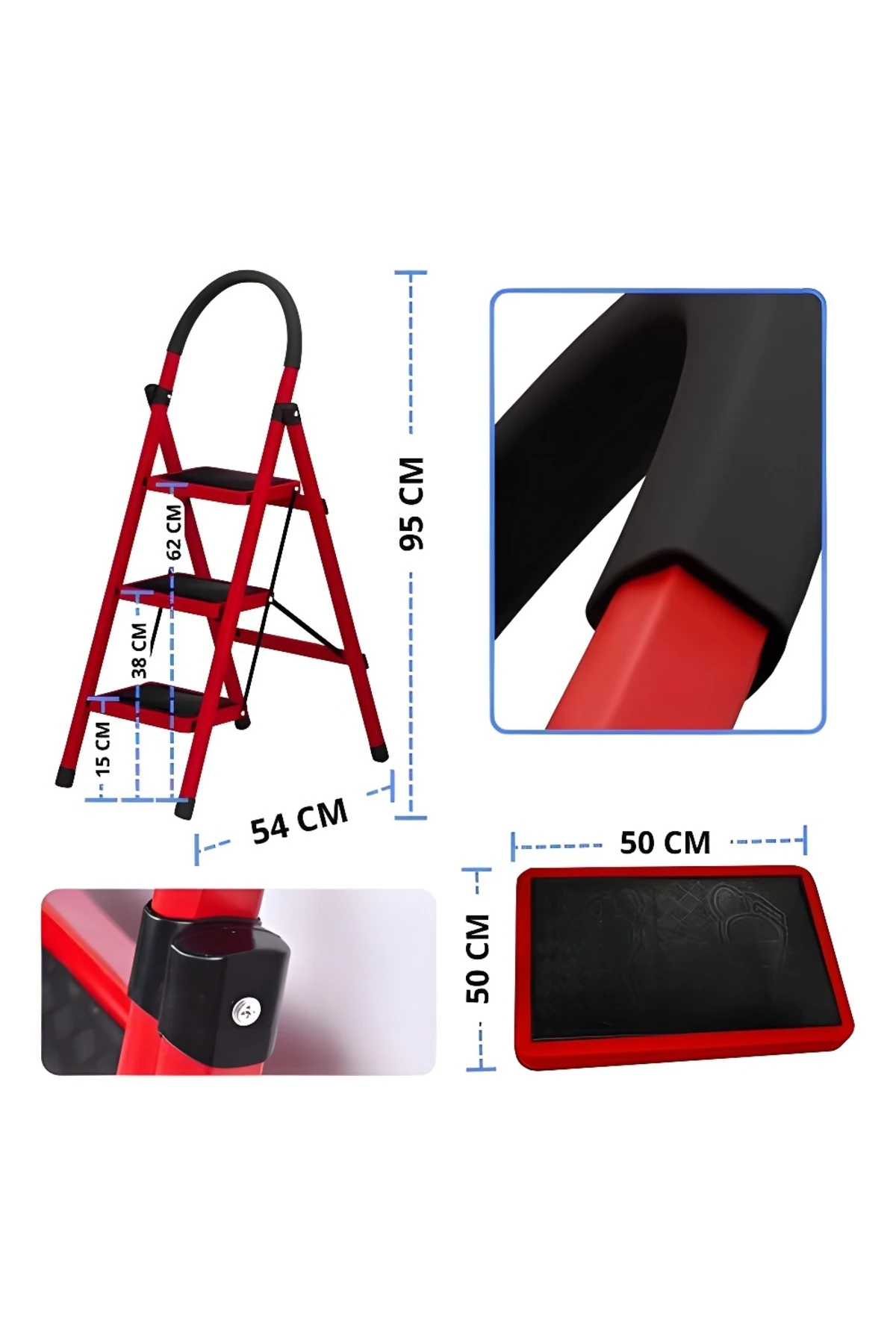 Metal 3 Basamaklı Katlanır Merdiven | Kaymaz Yüzeyli Basamaklı Ev Tipi 150 Kg Taşıma Kapasiteli