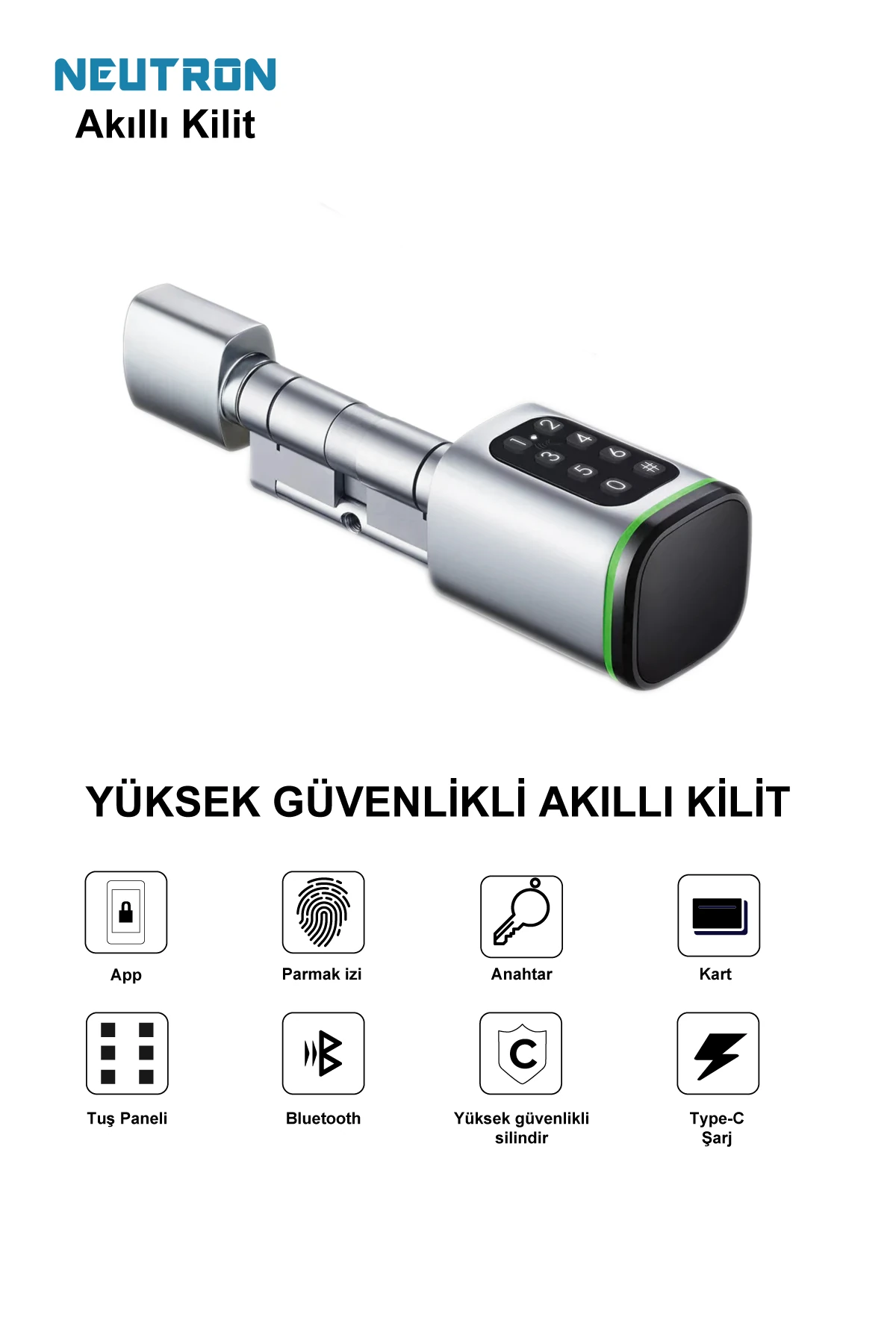 NTL-SC-02FKPW Parmak izi, Anahtarlı, Tuşlu, Kartlı ve Uzaktan Kontrollü Akıllı Kapı Kilidi Gri