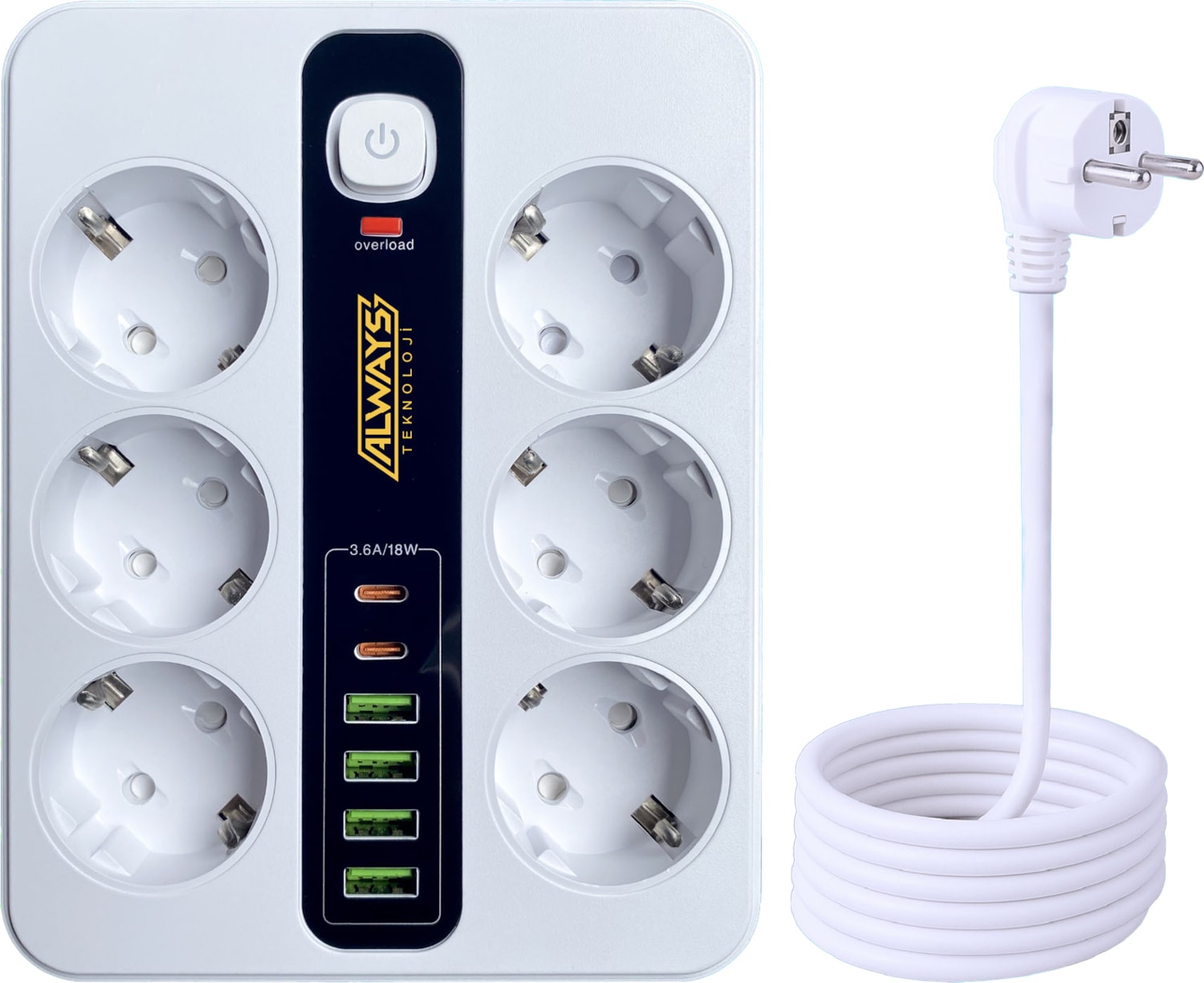 Akım Korumalı 6'lı Grup Priz 4 Usb'li ve 2 Type-C Li 6'lı Grup Priz 2 M Kablo Çocuk Korumalı