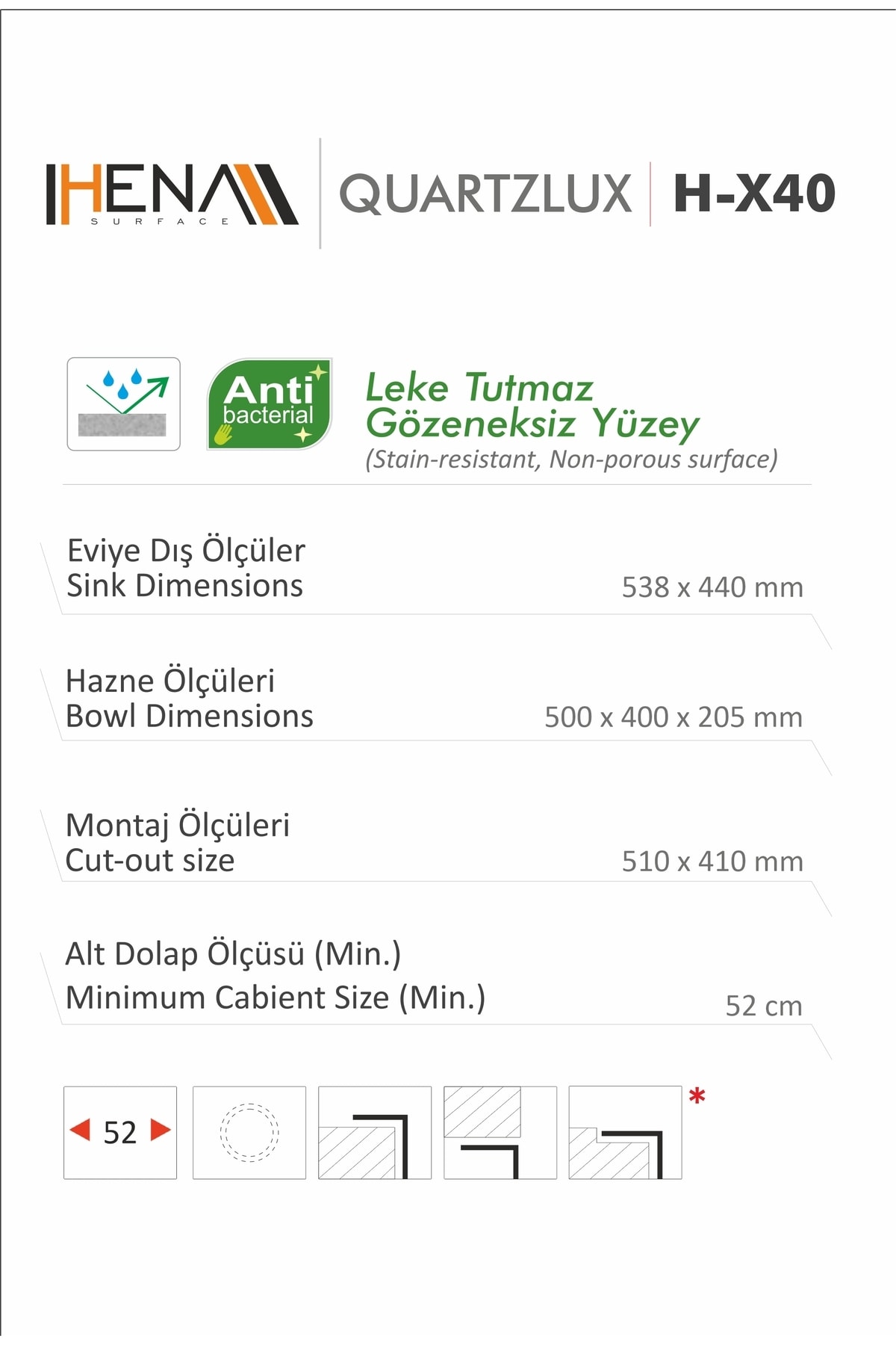 Granit Eviye Tek Gözlü Toprak 50x40 Evye Kuvars Tezgah Altına Uygun