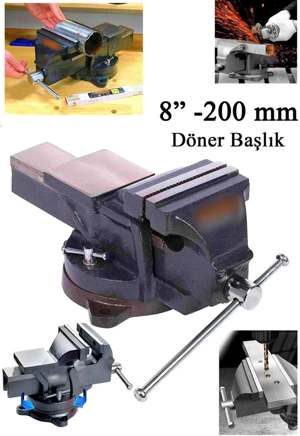 Büyük Boy 200MM 8" 360" Dönerli Taban Dövme Çelik Sabit Tezgah Masa Mengenesi