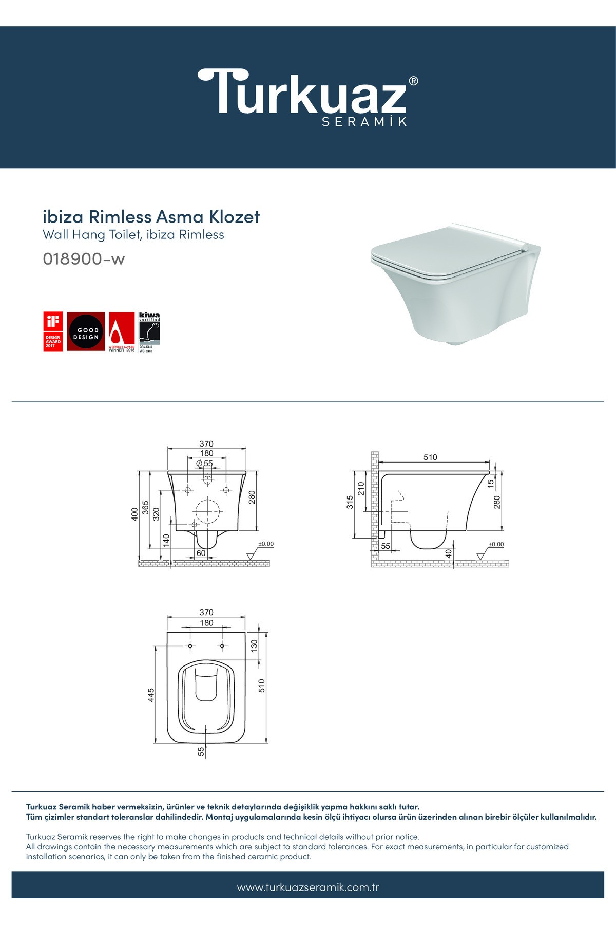Seramik Cerastyle Ibiza Asma Klozet Yavaş Kapanan Kapak Rimless