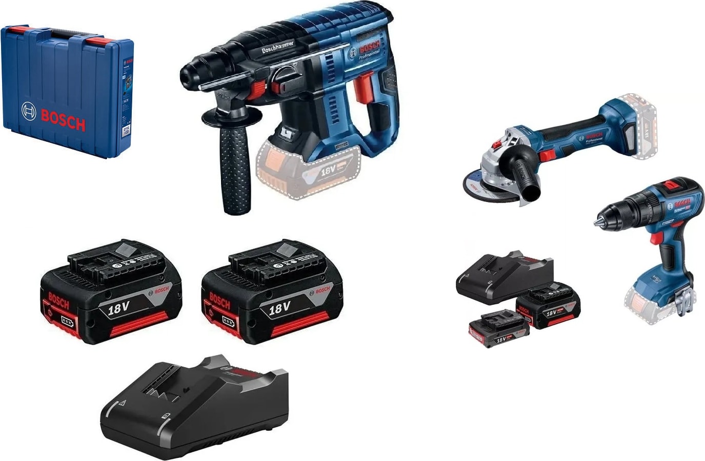 BOSCH Gsb 18V-50+GWS180-Lİ+GBH180-Lİ+ 3x 4 Ah Akü+ 1 x 2 Ah Akü+2 Adet Dolum Cihazı