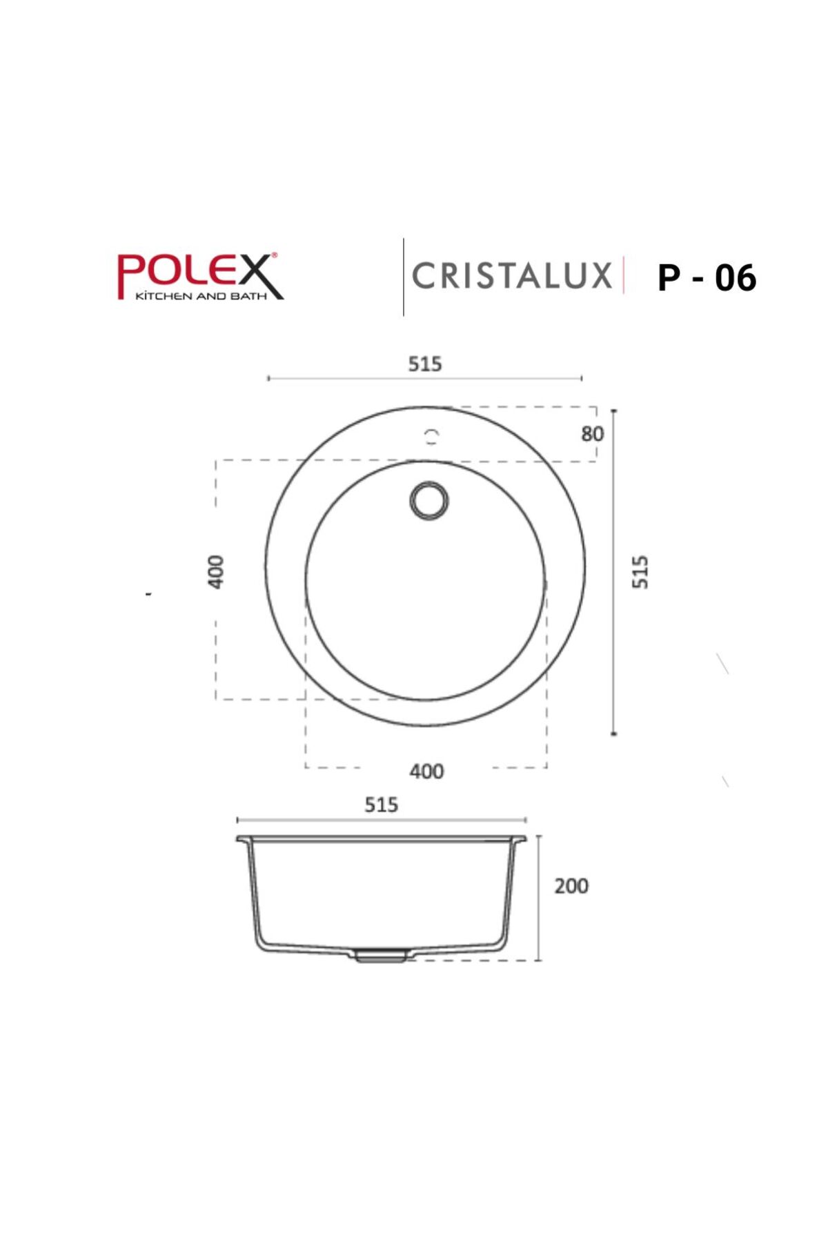 Cristalüx Granit Evye P-06 Antrasit Tezgah Altı Ve Tezgah Üstü Oval Mutfak Evyesi 51,5x51,5cm