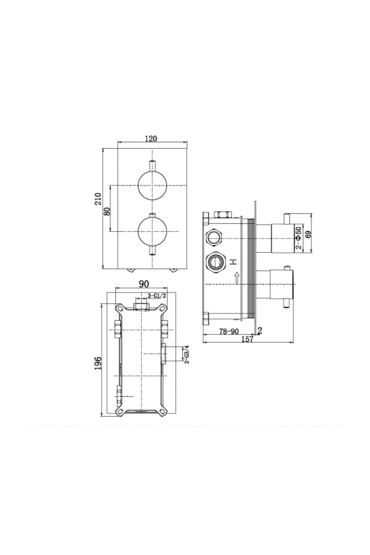 Terra Termostatik 3 Çıkışlı Ankastre İç Set Sıva Altı Grubu Dahil Banyo Bataryası, Krom-N2141002
