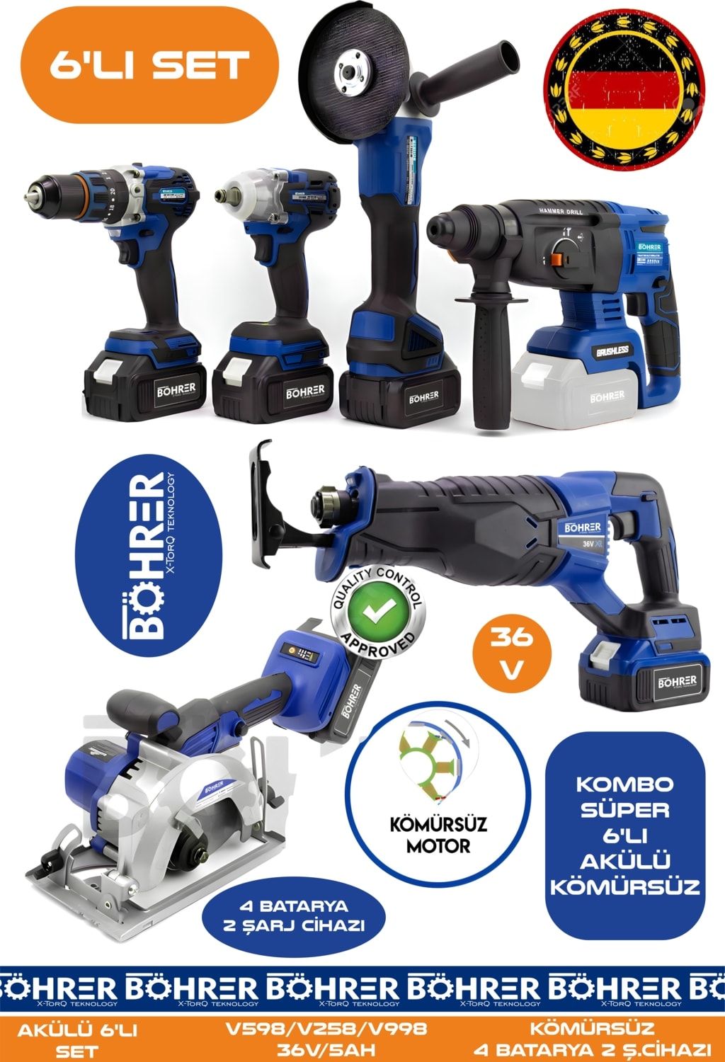 Alman BA01086M 4 Akülü 2 Şarjlı Kömürsüz V598 5AH Profesyonel 6 Makine Kombo Set - Mavi Blue