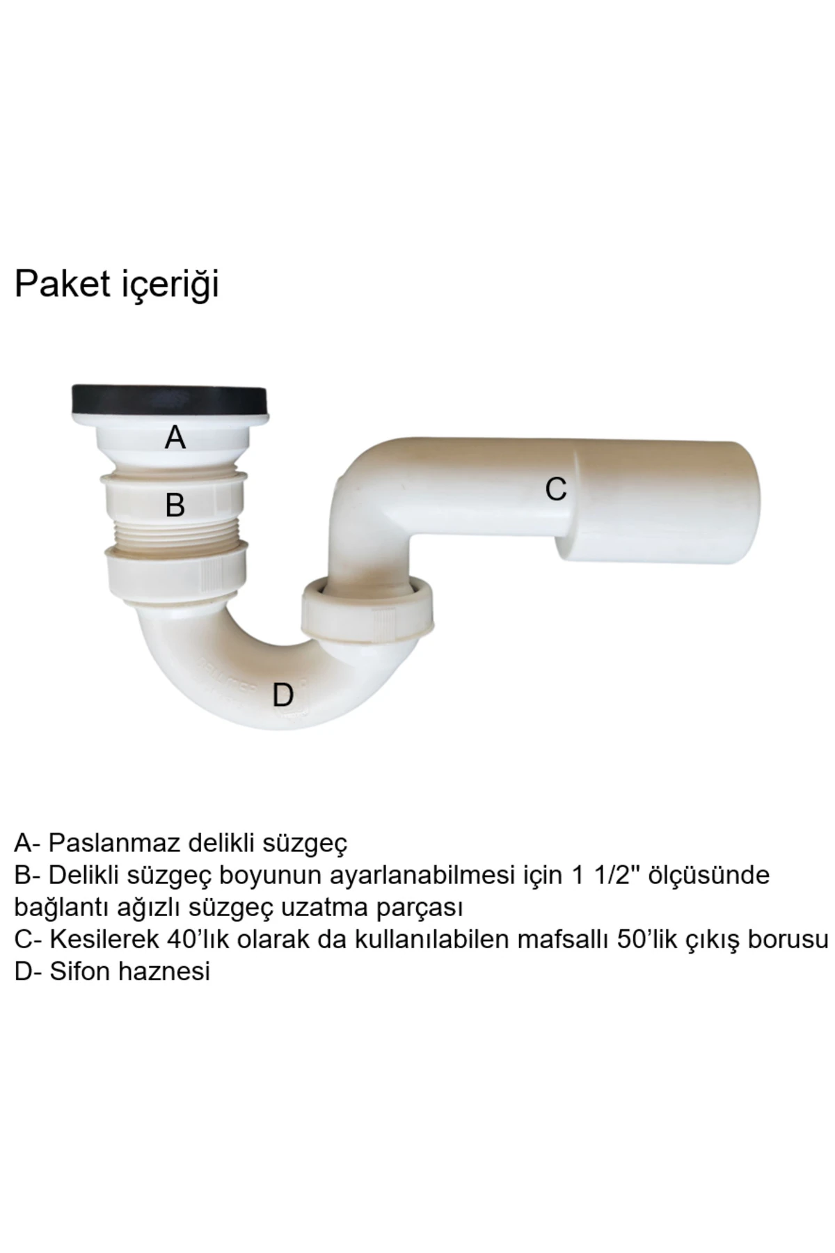Duş sifonu, bide sifonu, küvet sifonu, paslanmaz çelik delikli süzgeçli, koku önleyici gider borulu