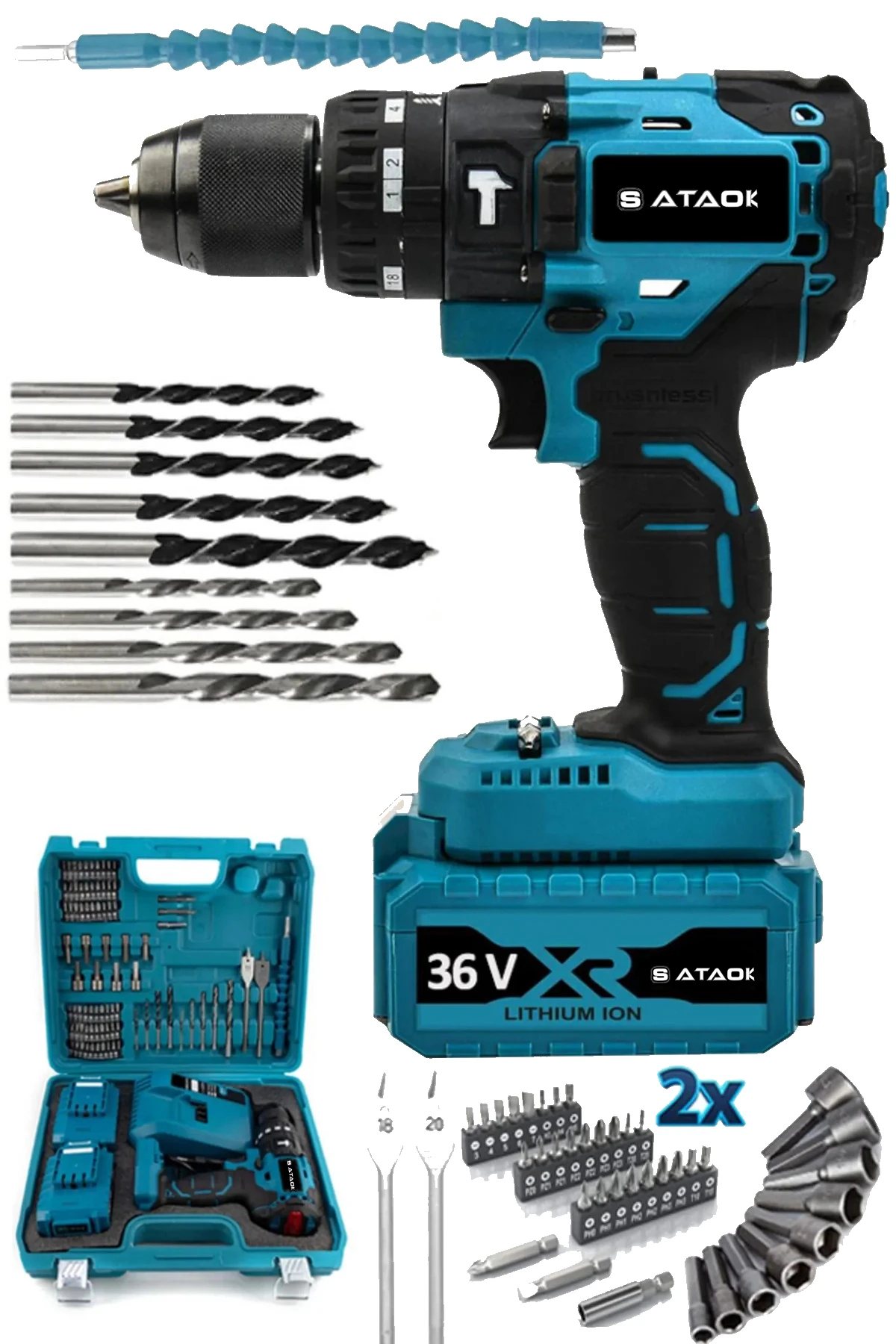 36v 5ah 10mm Çelik Mandren Darbeli Şarjlı Matkap Akülü Vidalama 82 Parça