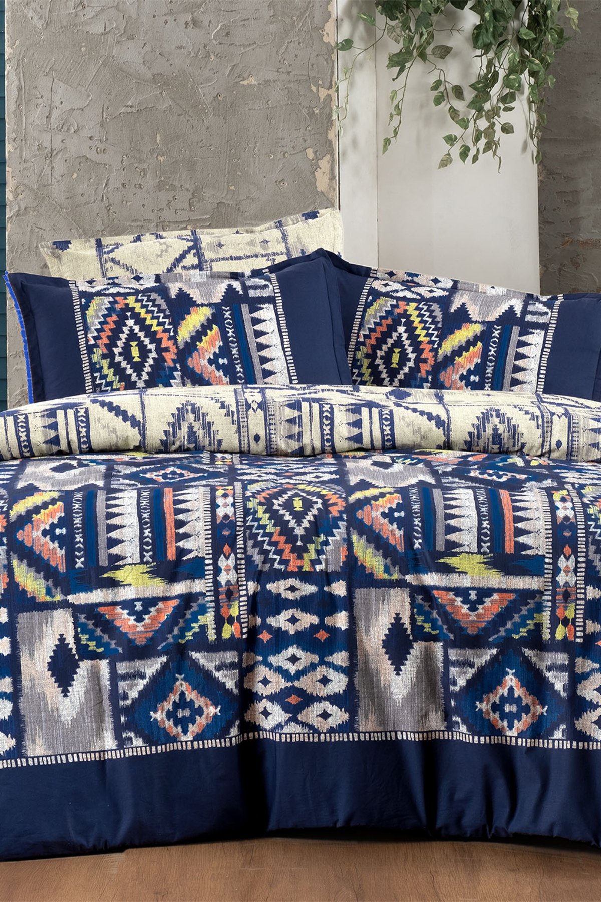 Gilya Mavi King Size (Battal Boy) %100 Pamuk Poplin Yıkamalı Çift Taraflı Nevresim Takımı