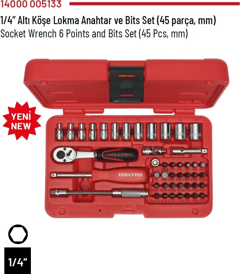 İZELTAŞ 1/4” Altı Köşe Lokma Anahtar ve Bits Set (45 Parça, Mm) - 14000 005133