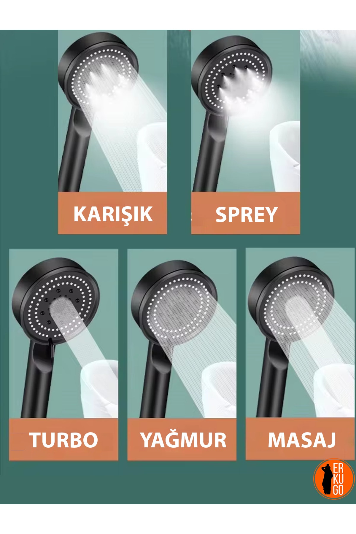 5 Fonksiyonlu Su Tasarruflu Duş Başlığı, Siyah Yüksek Basınçlı Ve Aksesuar Seti