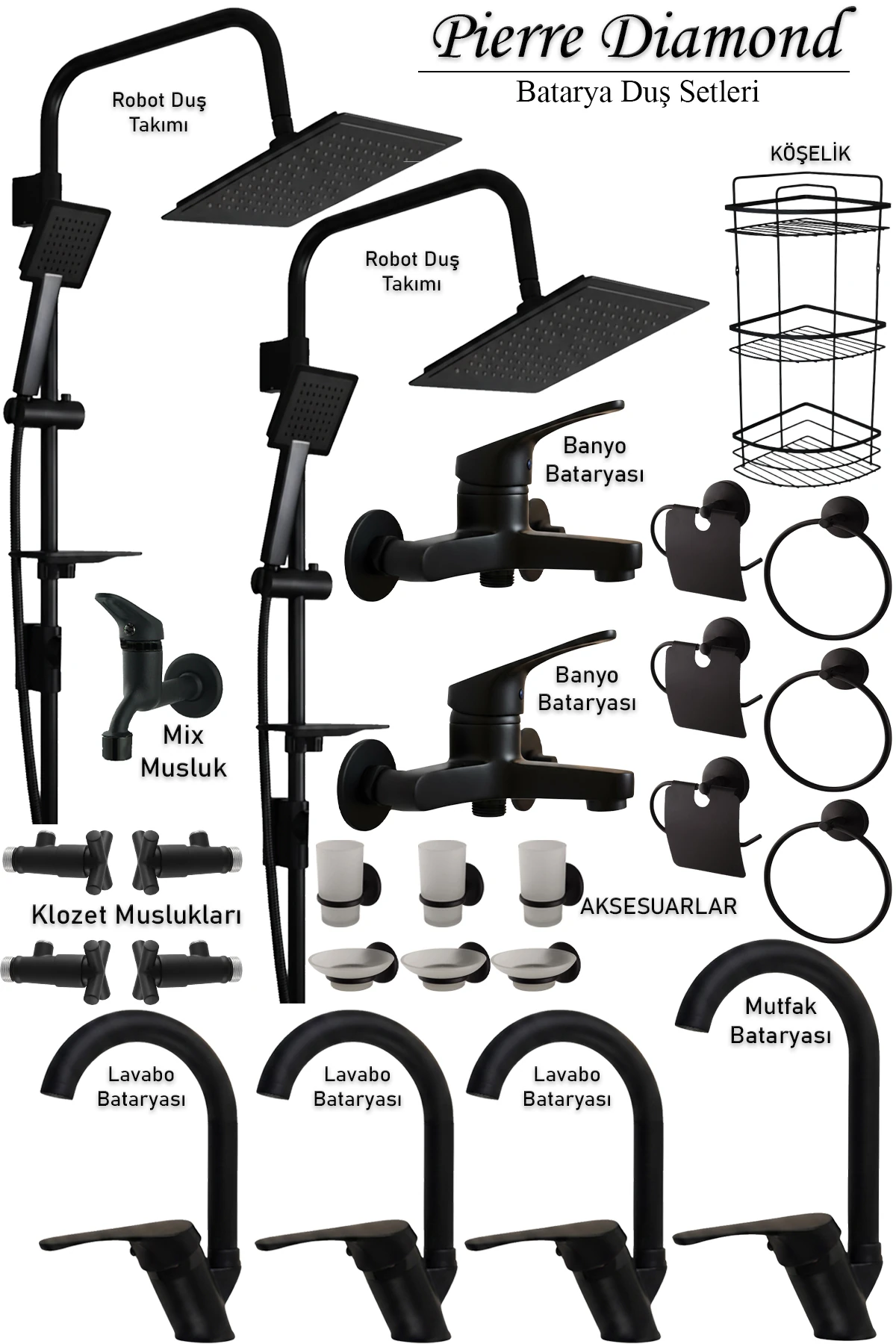 Banyo Lavabo Mutfak Bataryaları Robot Duş Setleri Siyah Renk Musluk Armatür Çeşitleri Takım Halinde