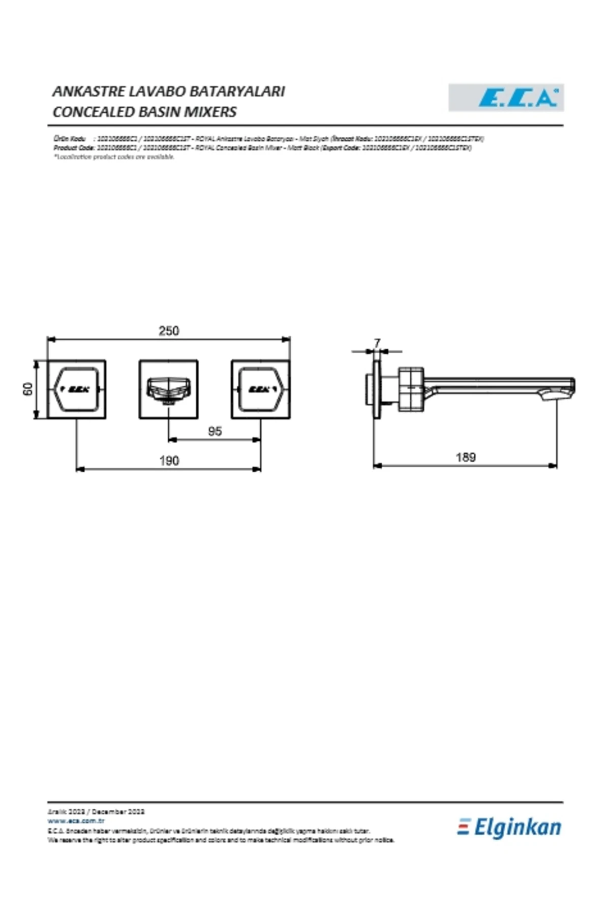 Royal Ankastre Lavabo Bataryası Duvardan 3 Delikli Düz Çıkış Uçlu Mat Siyah