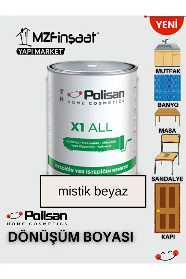 POLİSAN X1 ALL  Yeni Nesil Dönüşüm Boyası Beyaz - Dolap-fayans-cam-plastik-ahşap-duvar