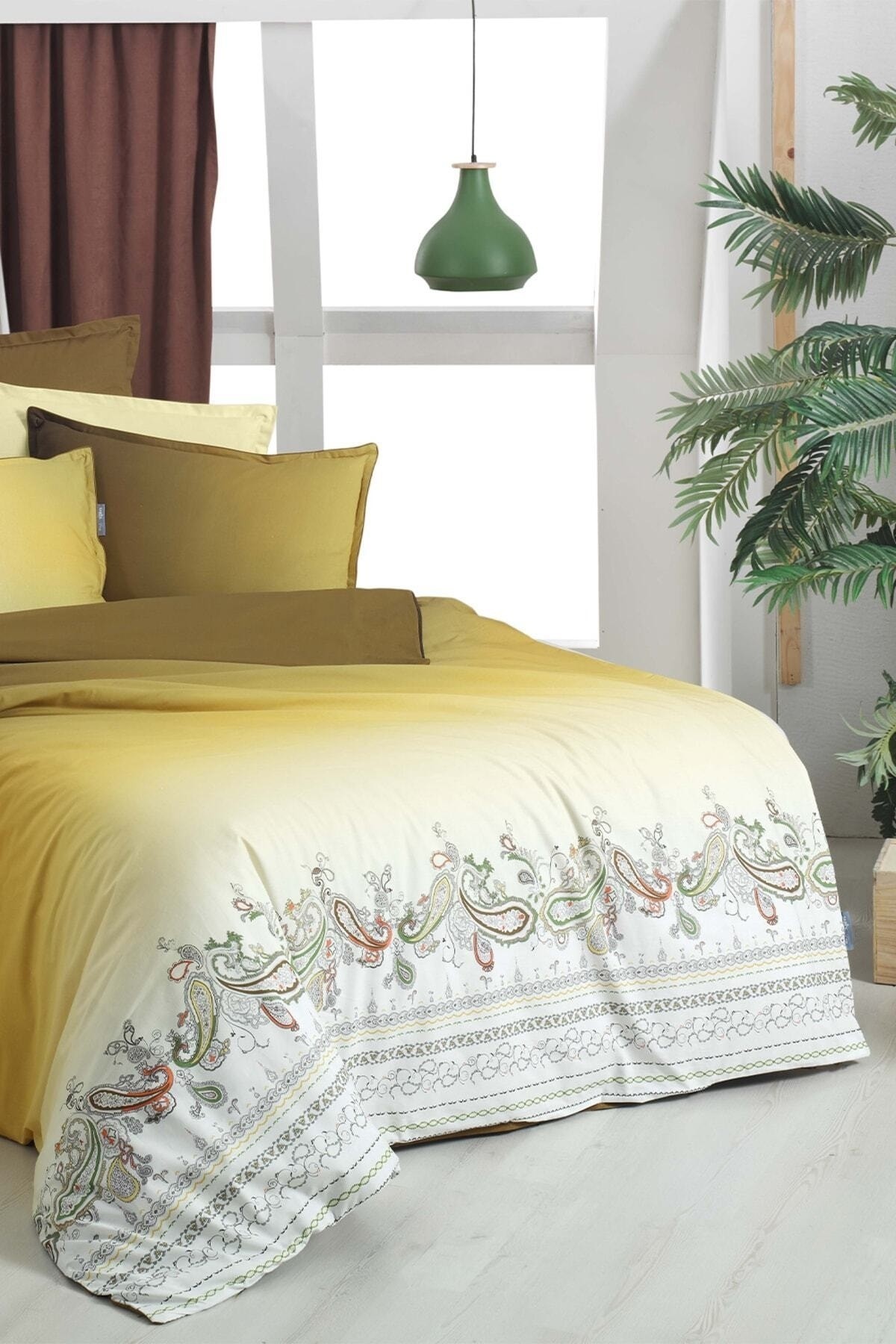 Terry Gri Sarı Çift Kişilik %100 Pamuk Fancy Poplin Nevresim Takımı