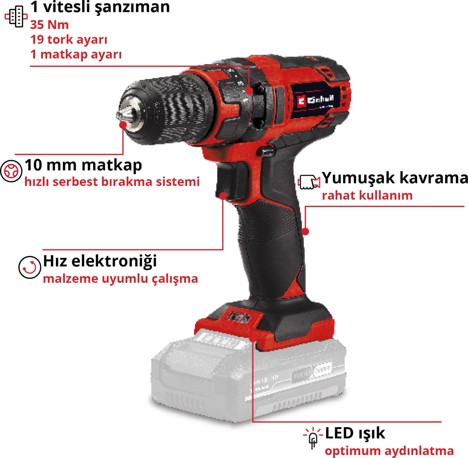 EİNHELL Akülü Vidalama TC-CD 18/35 Li-Solo Power X-Change (Li-Ion, 18 V, 550 dak.-1, 35 Nm, 10 mm mandren, akü ve şarj cihazı dahil değildir) - 4513927