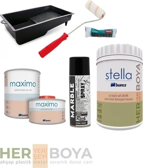 Stella Set Beyaz Boya 1lt-Siyah Mermer Efekt Sprey - Maximo Sıvı Cam