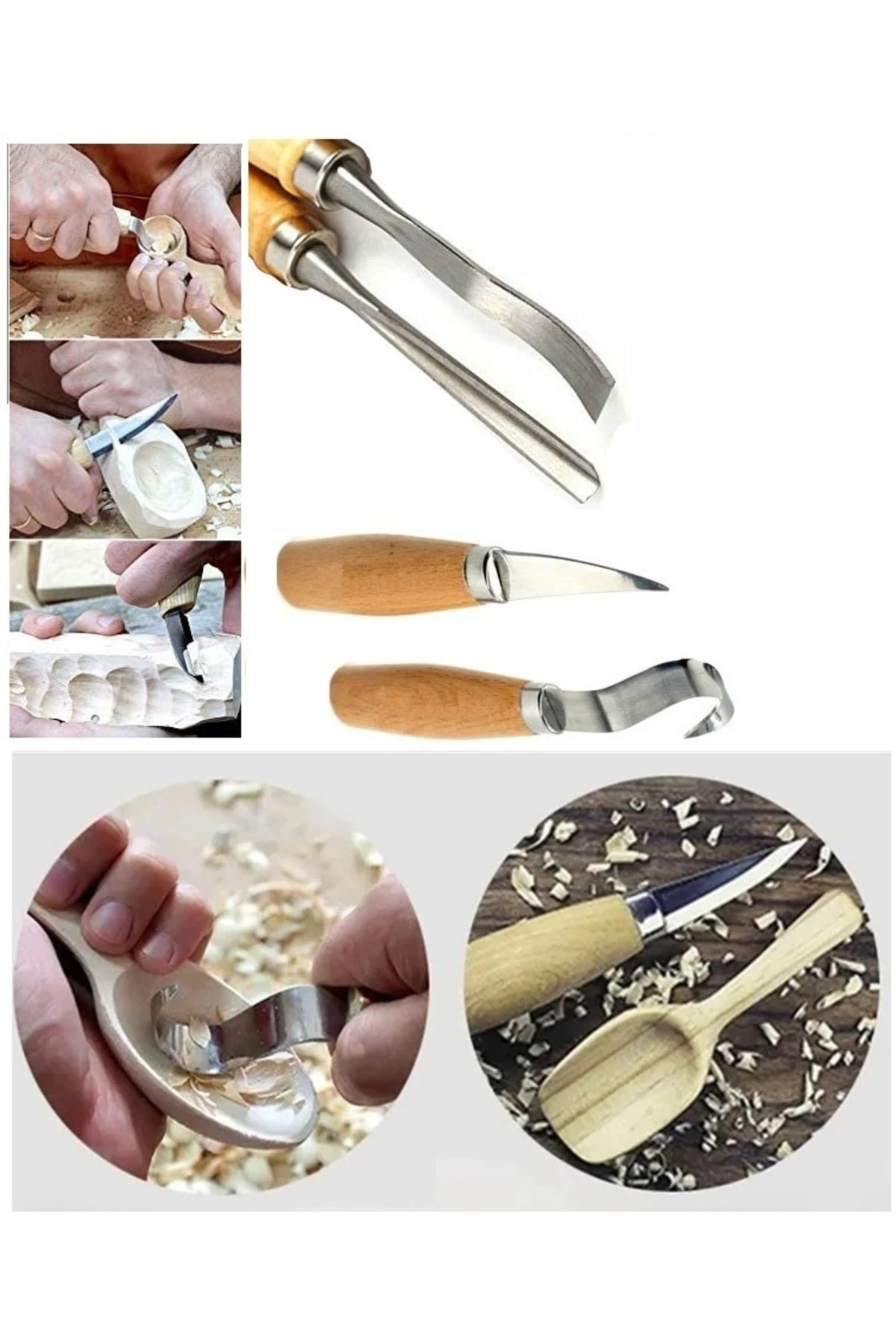 Ahşap Oyma Iskarpela Alet Seti Kaşık Heykel Kuksa Oval Düz Oyma Yontma Kıvrık Bıçağı 4lü