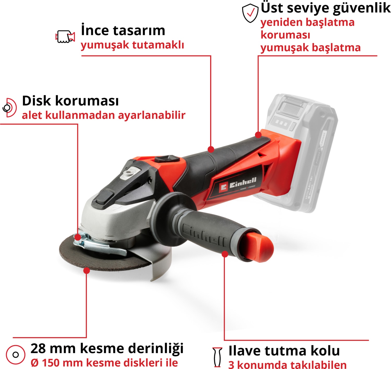 Akülü Avuç Taşlama TE-AG 18/115 Li-Solo Power X-Change (18 V, 115 mm disk çapı, 28 mm kesme derinliği, yumuşak başlangıç, kesme diski ve akü dahil değildir) - 4431110