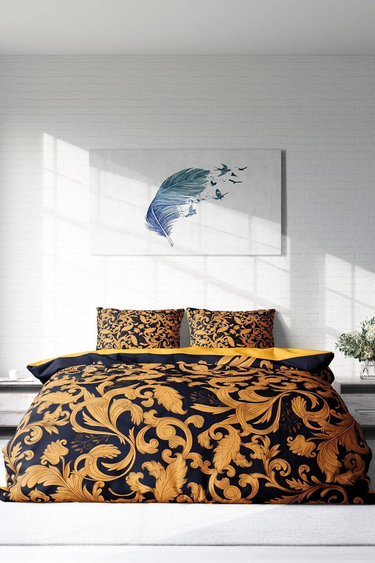 Nevresim Takımı %100 Doğal Pamuk Çift Kişilik 3d Digital Gold Floral