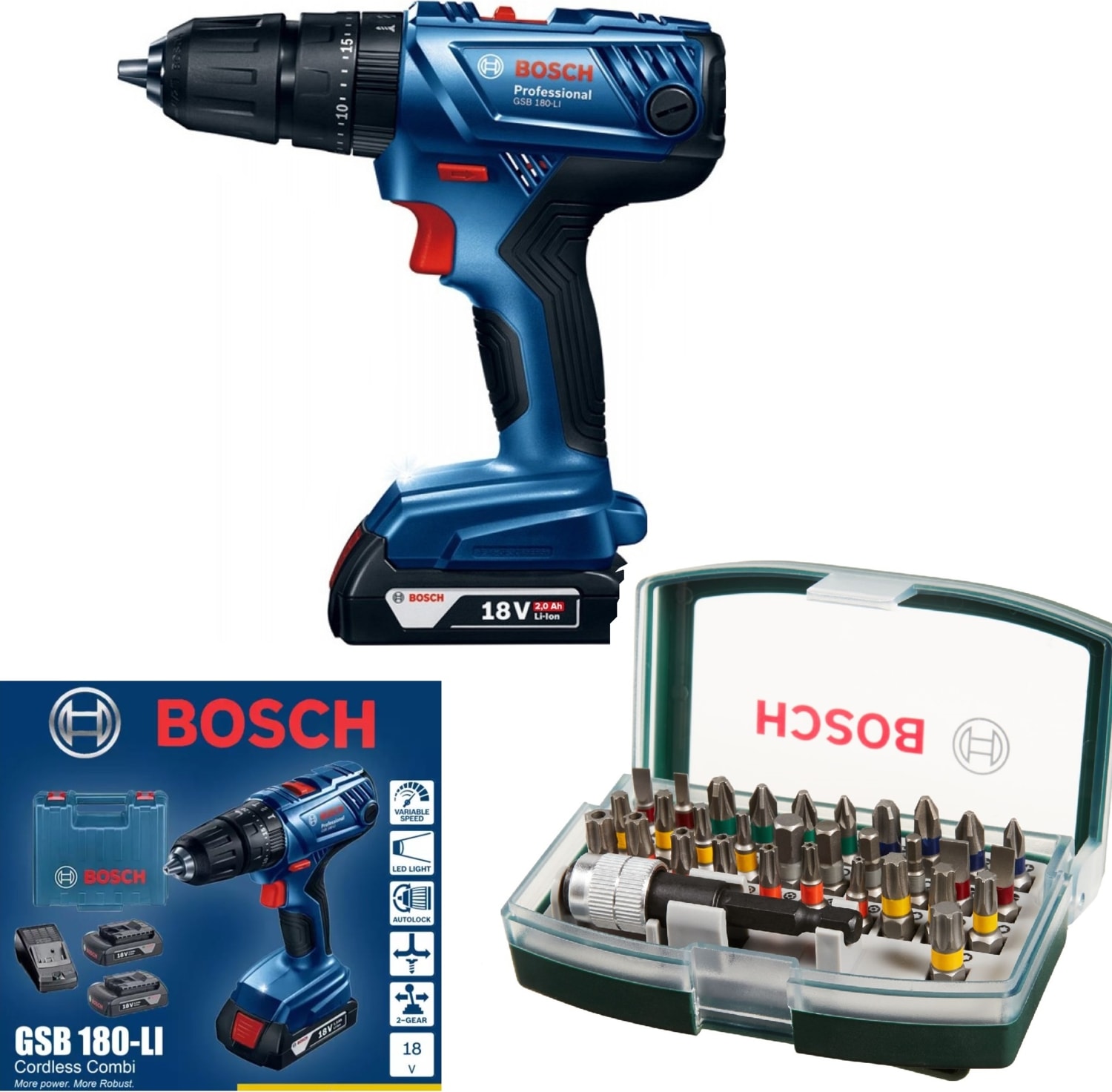 BOSCH Gsb 180-Lİ 18V 2AH Darbeli Akülü Vidalama Şarjlı Matkap + 32 Parça Vidalama Ucu Seti