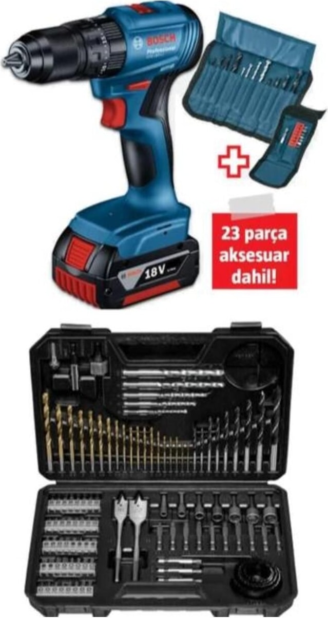 Professional GSB 185-Li 2.0 Ah Tek Akülü Kömürsüz Motor Darbeli Matkap + 23 Parça Aksesuar Set - 06019K3102 +  V-Line Matkap & Vidalama Karışık Aksesuar Seti 103 Parça - 2607017367