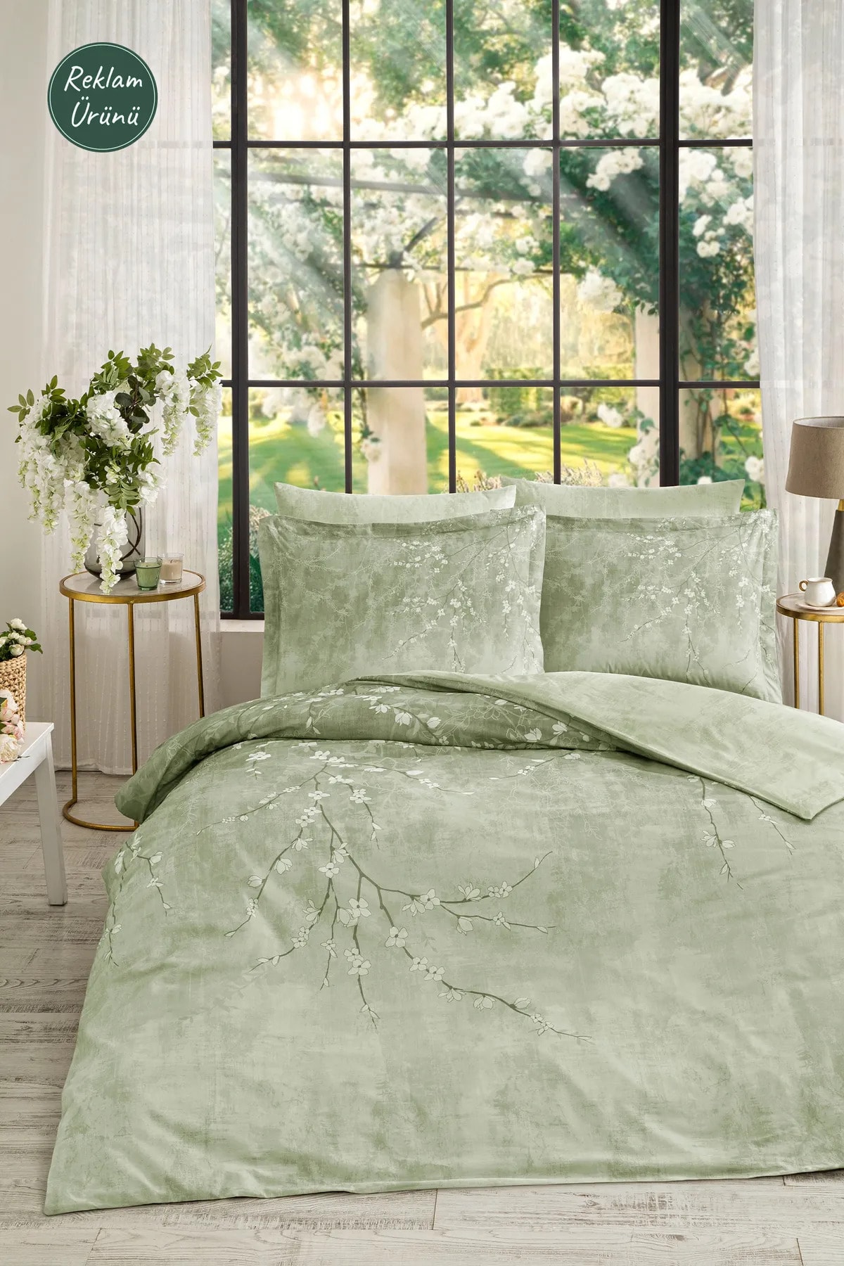 Yeşil White Sakura King Size Lastikli Çarşaf Nevresim Takımı