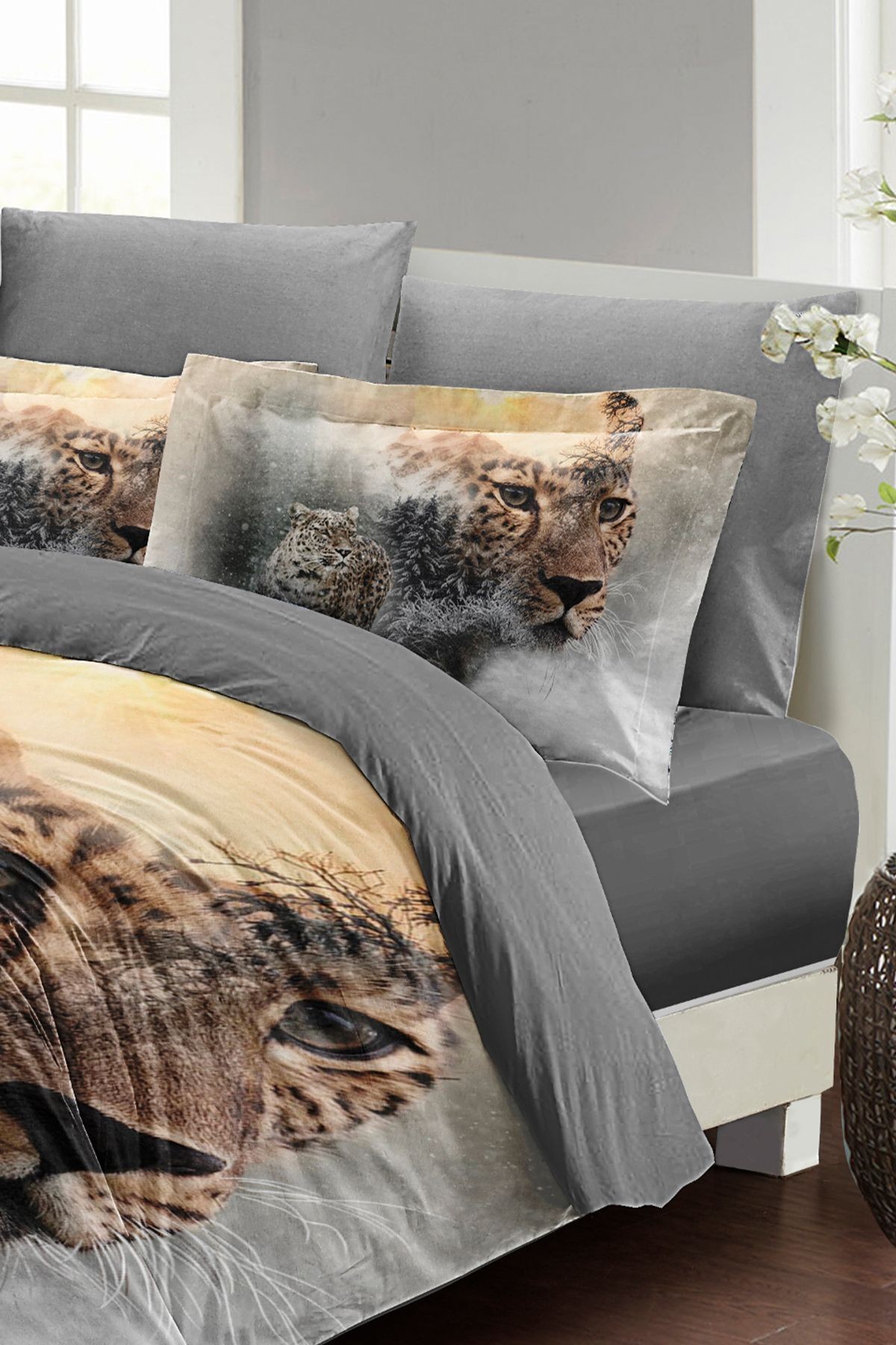Leopar Çift Kişilik Nevresim Takımı Özel Dokuma Pamuk Saten Snow Leopard