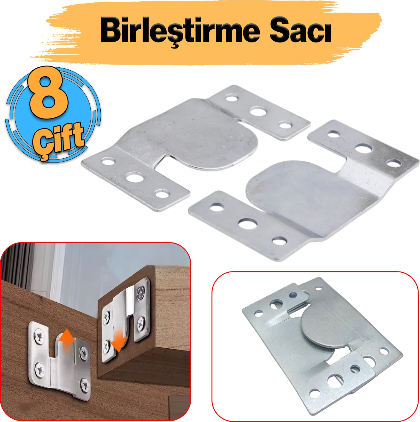 Metal (8 Çift Takım) Baza Başlık Mobilya Karyola Köşe Koltuk Birleştirme Sacı Saç Bağlama Braketi