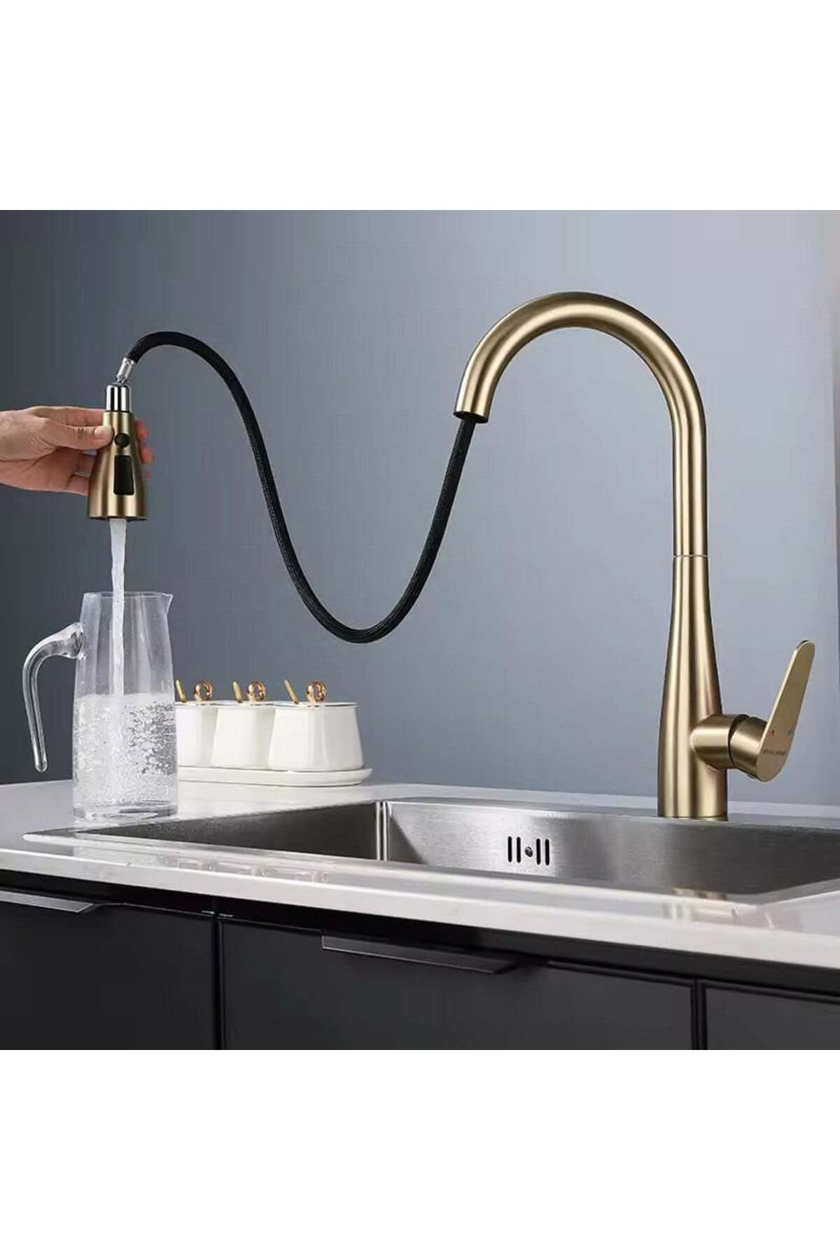 Spiralli Eviye Bataryası Pull Down 3 Fonksiyonlu Fırçalanmış Altın KTE125-BG