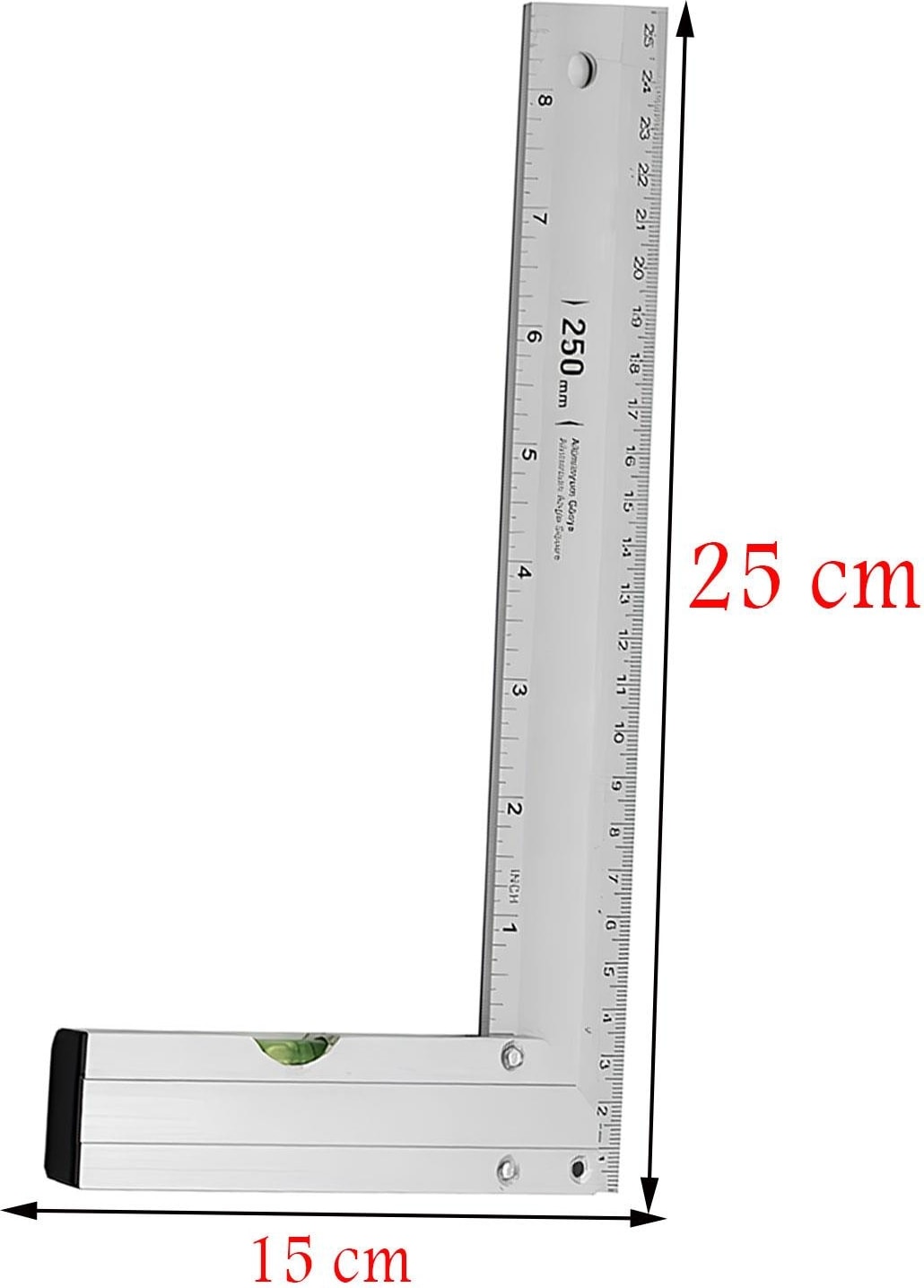 Alüminyum L Gönye Su Terazili Cetvel Kaynak Kaynakçı Marangoz Gönyesi 250 mm
