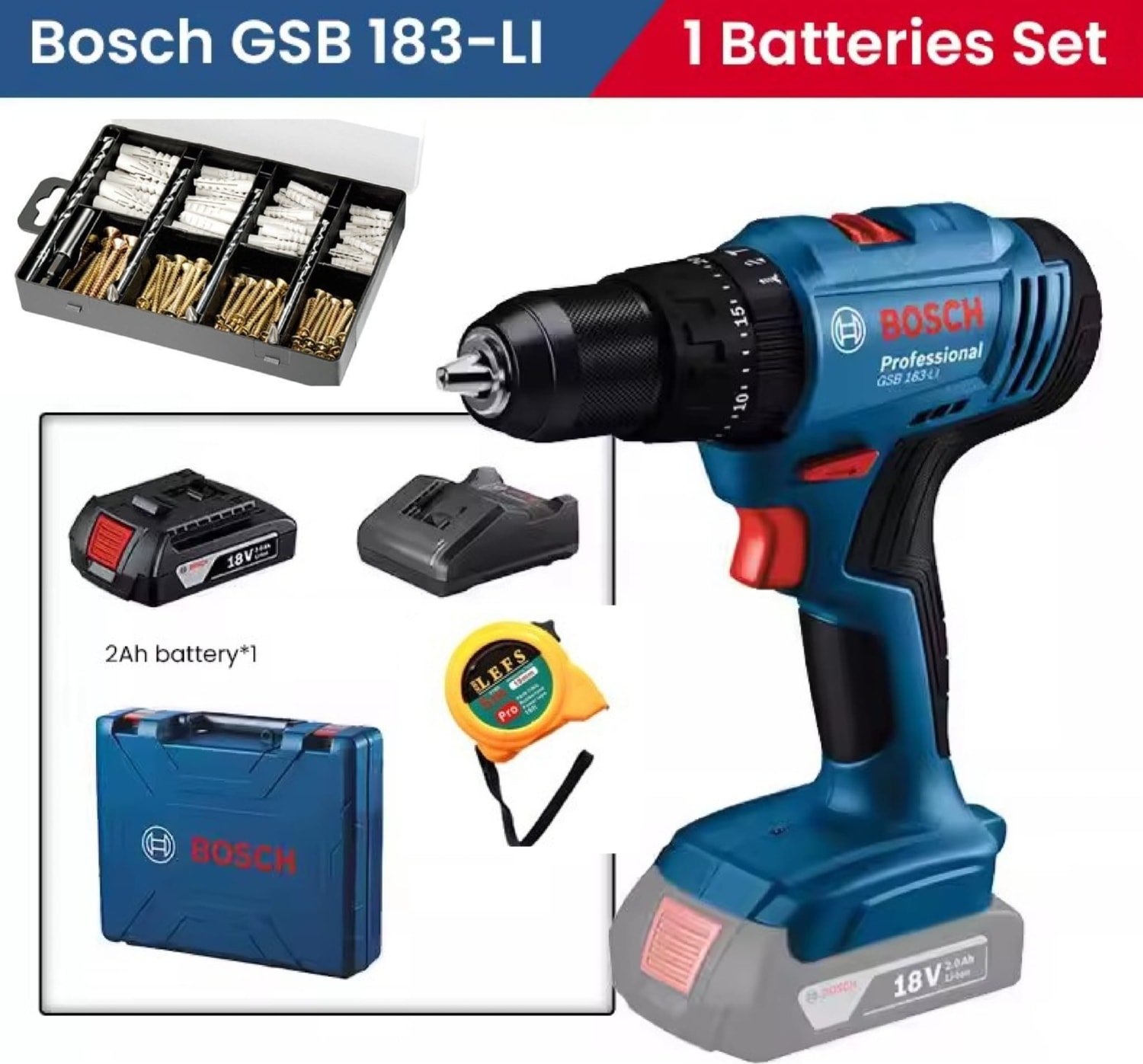 BOSCH Gsb 183 Li Tek Batarya Darbeli Akülü Vidalama , 173 Parça Dübel Matkap Ucu Seti ve Metre