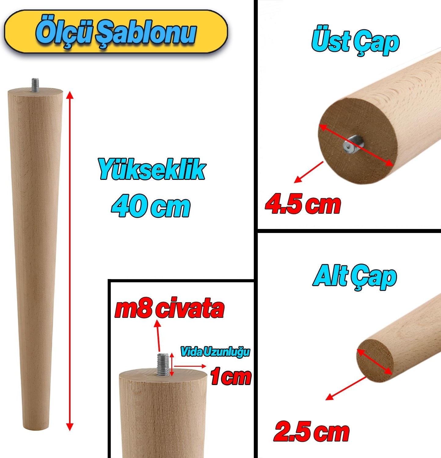 Ahşap Mobilya Ayağı 4 Adet Aparatlı 40 cm Sehpa Zigon Orta Masa Puf Tabure Tv Ünitesi Ayakları M8