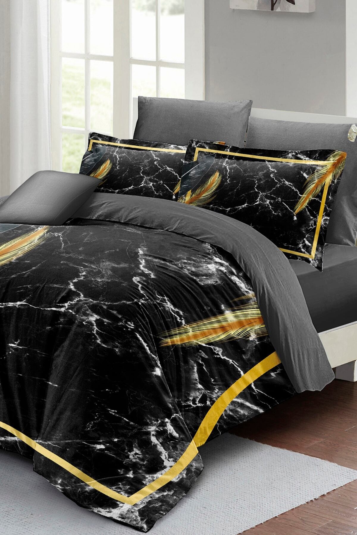 Kıng Sıze Nevresim Takımı Çift Kişilik 3d Pamuk Saten Dark Marble 220x240cm