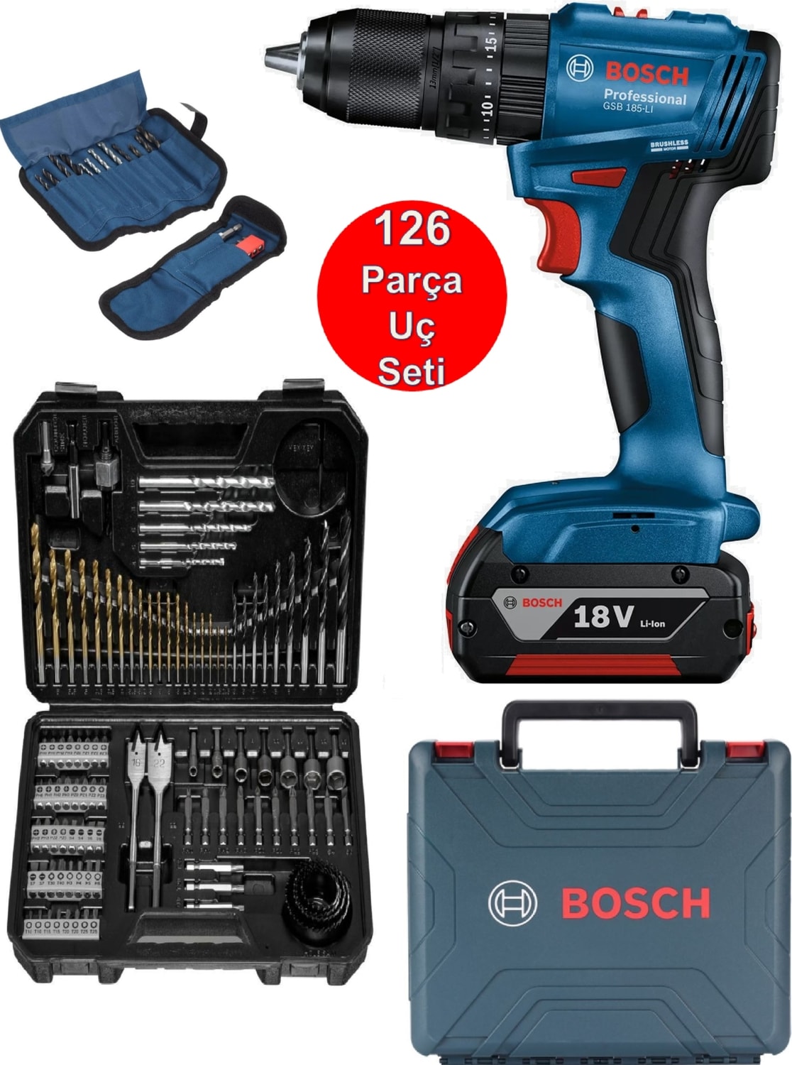 Professional GSB 185-Li 2.0 Ah Tek Akülü Kömürsüz Motor Darbeli Matkap + 23 Parça Aksesuar Set - 06019K3102 +  V-Line Matkap & Vidalama Karışık Aksesuar Seti 103 Parça - 2607017367