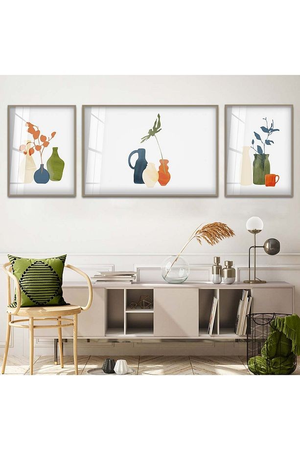 Bronz Metal Çerçeveli Modern Çizim Soyut Desen Üçlü Kırılmaz Cam Tablo Seti
