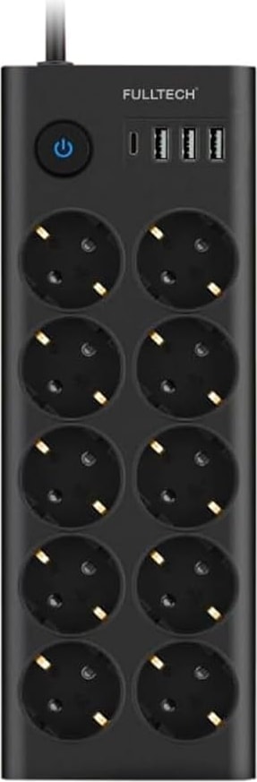 Type-C Port Girişli Akım Korumalı 10'lu Priz, 3 Usb, 1 Type-C Giriş, Isıya Dayanıklı, Grup Priz, Çoklu Uzatma Kablo (Siyah)