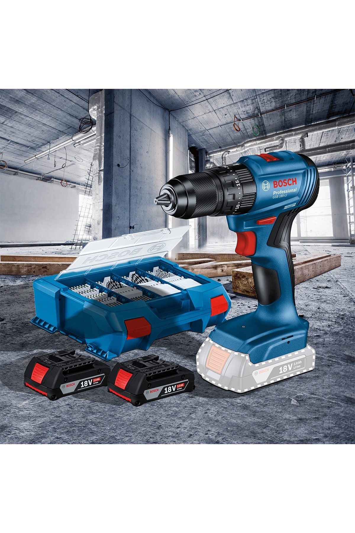 BOSCH Çift Akülü Kömürsüz Matkap Vidalama Gsb 185 Li Profesyonel Darbeli Şarjlı Matkap Uç Setli