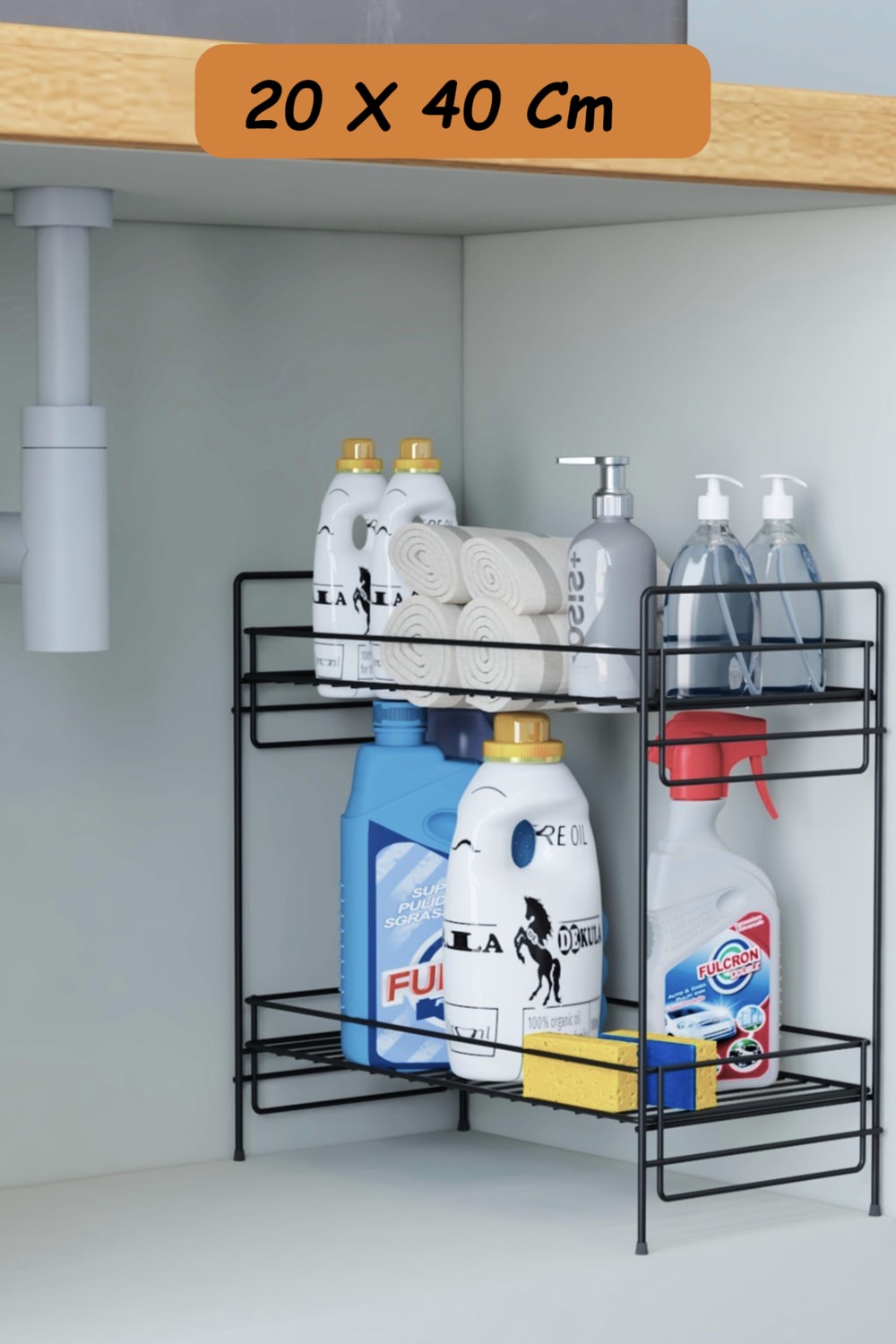 2 Katlı Evye Tezgah Altı Raf Banyo Mutfak Dolabı Çok Amaçlı Düzenleyici Deterjanlık Organizer 20X40
