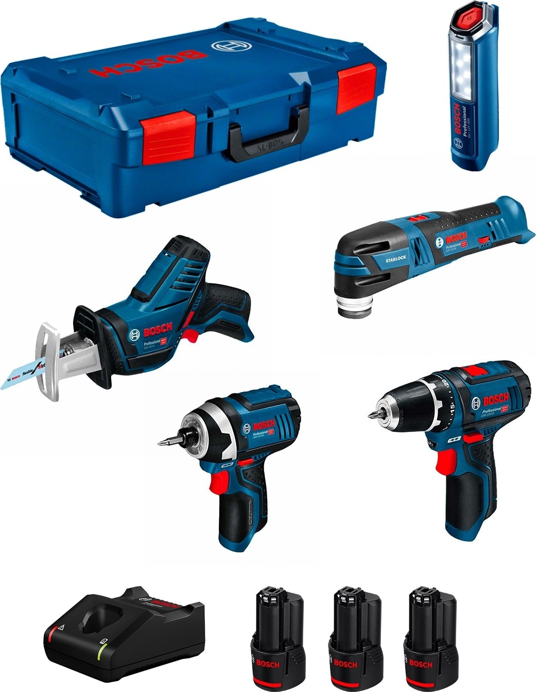 BOSCH 12 Volt 5 Li Akülü Set (Gsr 12V-15 + Gop 12V-28 + Gdr 12V-105 + Gsa 12V-14 + Glı 12V-300 + 3 x 2,0 Ah + Gal 12V-40 + L-Boxx Xl)