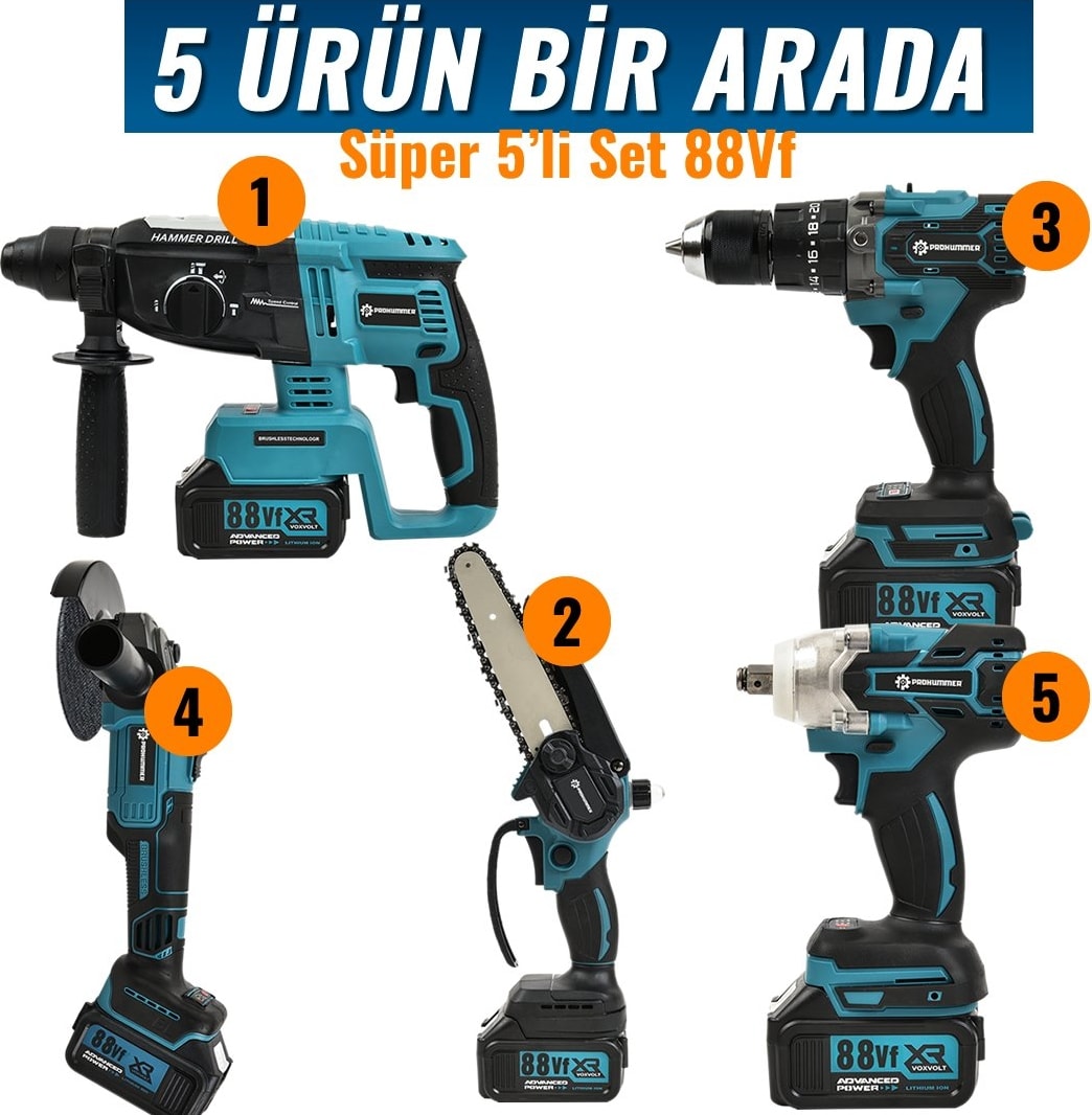 Kömürsüz Oto Yıkama & 5’li Set (Taşlama, Kırıcı,vidalama ,somun Sıkma,) – Akülü