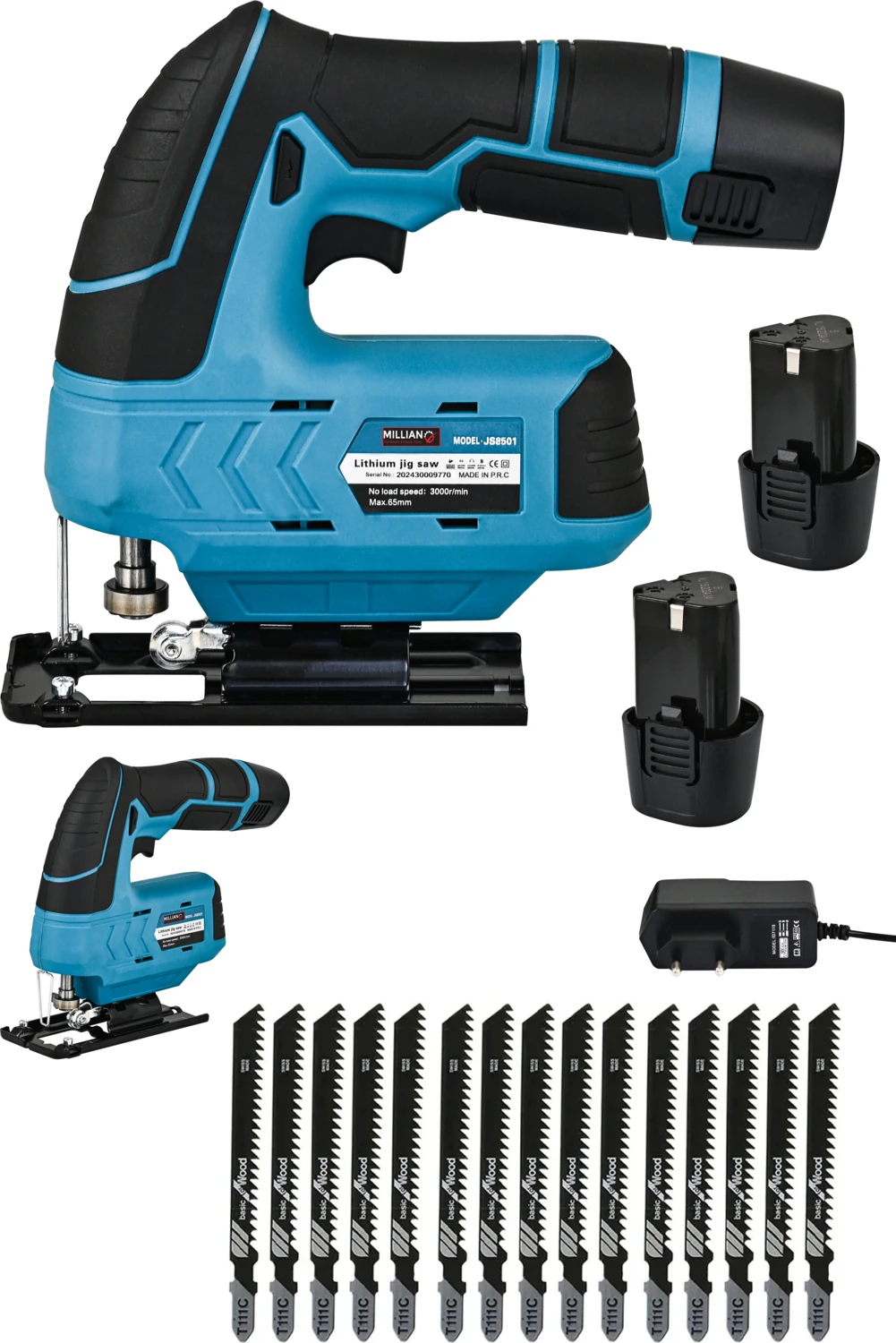 58 V 5 Ah Çift Akülü Pandüllü Bakır Sargılı Alyansız Şarjlı Dekupaj Bıçkı Testere + 10 Bıçak