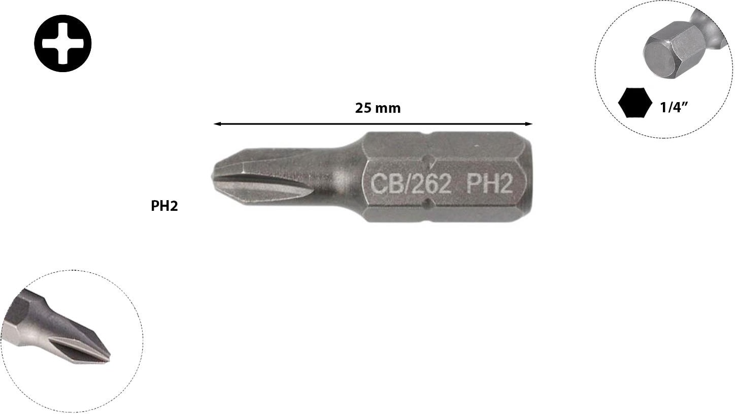 Ph2 x 25 mm Yıldız Bits Uç (Düşük Çap) CB/262